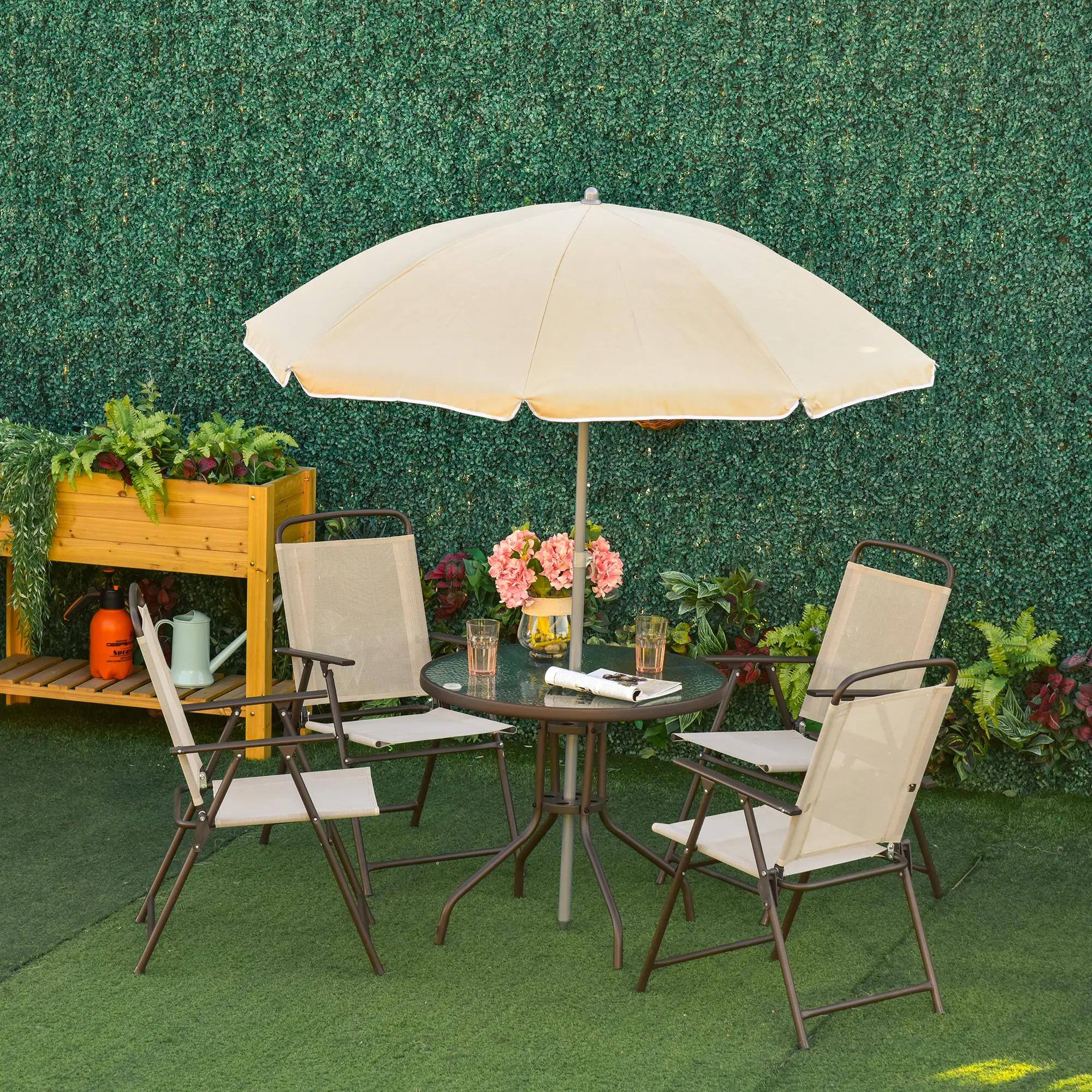 Back. Resenkos - Resenkos 6 Pieces Patio Dining Set, Four Chairs, A Round Glass Table, Umbrella, Steel, Mesh, Glass, Beige - Beige.