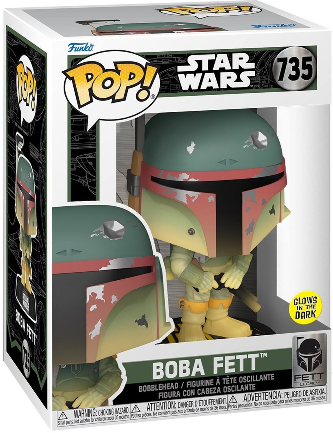Funko. STAR 735 M POP! WARS K BOBA FET E5S GLOWS IN THE DARK TM BOBA FETT  TTE OSCILANTE FETT BOBBLEHEAD / FIGURINE OSCILANTE LEGACY FIGURA CON CABEZA PELIGRO DE ASFIXIA. TOUFFEMENT ADVERTENCIA: nios menores de 36 meses. DANGER D No es adecuado para ATTENTION: de 36 mois. Partes pequeas. HAZARD. aux enfants de moins WARNING: CHOKING Petites pieces. Ne convient pas children under 36 months, Not suitable for Small parts.