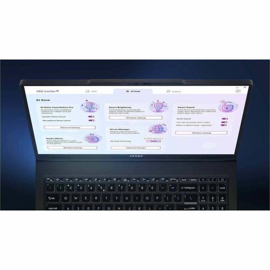 MSI Center 9

AI Zone
- AI Noise Cancellation Pro
  - Speaker Noise Cancel
  - Microphone Noise Cancel
  - Advanced Settings

- Smart Brightness
  - Automatically adjusts screen brightness based on ambient light
  - Windows Settings

- Smart Guard
  - Smart Guard
  - Wake my device when I approach
  - Windows Settings

- AI Lan Manager
  - Windows Settings

- Stylus Effects
  - Stylus Effects, optimized for A1, will be available in the next update
  - Windows Settings

- Set all to AI Priority
  - Advanced Settings

- Apply
- Cancel