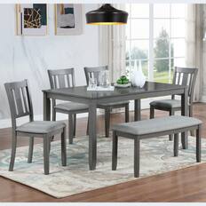 Front. LUCKY ONE - 6-Piece Dining Set with 58.5" Rectangular Dining Table, Bench and 4 Slatted backrest Chairs - Gray.