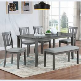 LUCKY ONE - 6-Piece Dining Set with 58.5" Rectangular Dining Table, Bench and 4 Slatted backrest Chairs - Gray