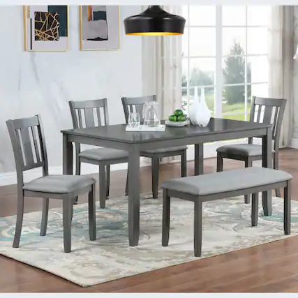 Front. LUCKY ONE - 6-Piece Dining Set with 58.5" Rectangular Dining Table, Bench and 4 Slatted backrest Chairs - Gray.