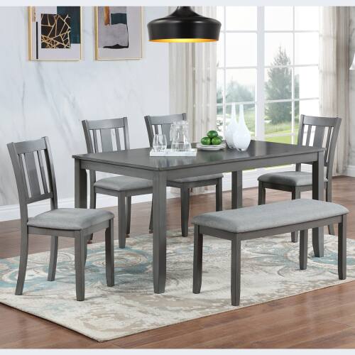 Front. LUCKY ONE - 6-Piece Dining Set with 58.5" Rectangular Dining Table, Bench and 4 Slatted backrest Chairs - Gray.