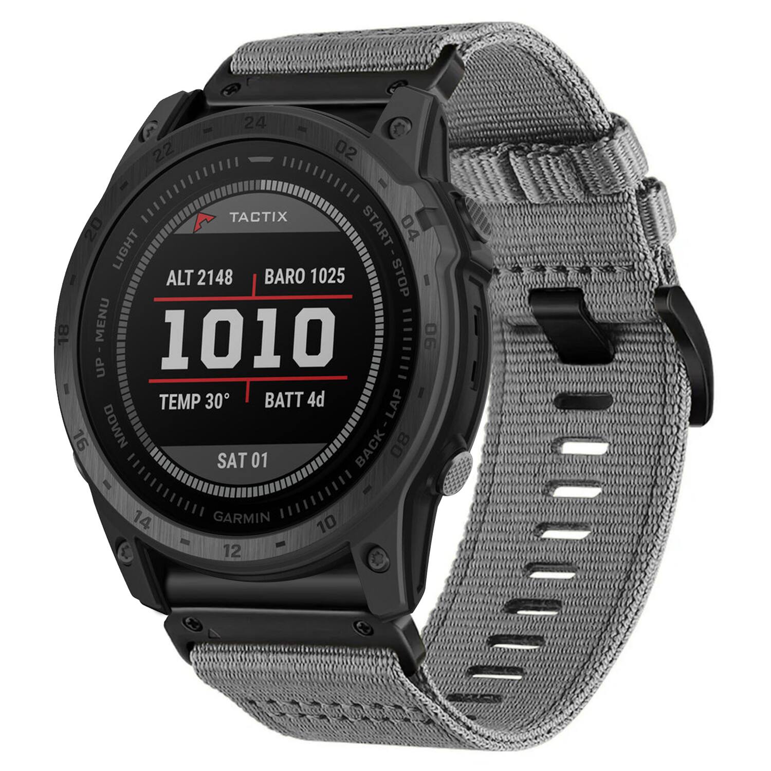 I 24 - 22 02 I TACTIX 20 START 04 LIGHT ALT 2148 BARO 1025 STOP I 18 MENU 1010 06 UP TEMP 30 BATT 4d LAP 16 SAT 01 BACK 80 SAT 01 FILIIIIIIII 14 GARMIN 1IIEITI1E 10 - - C 12