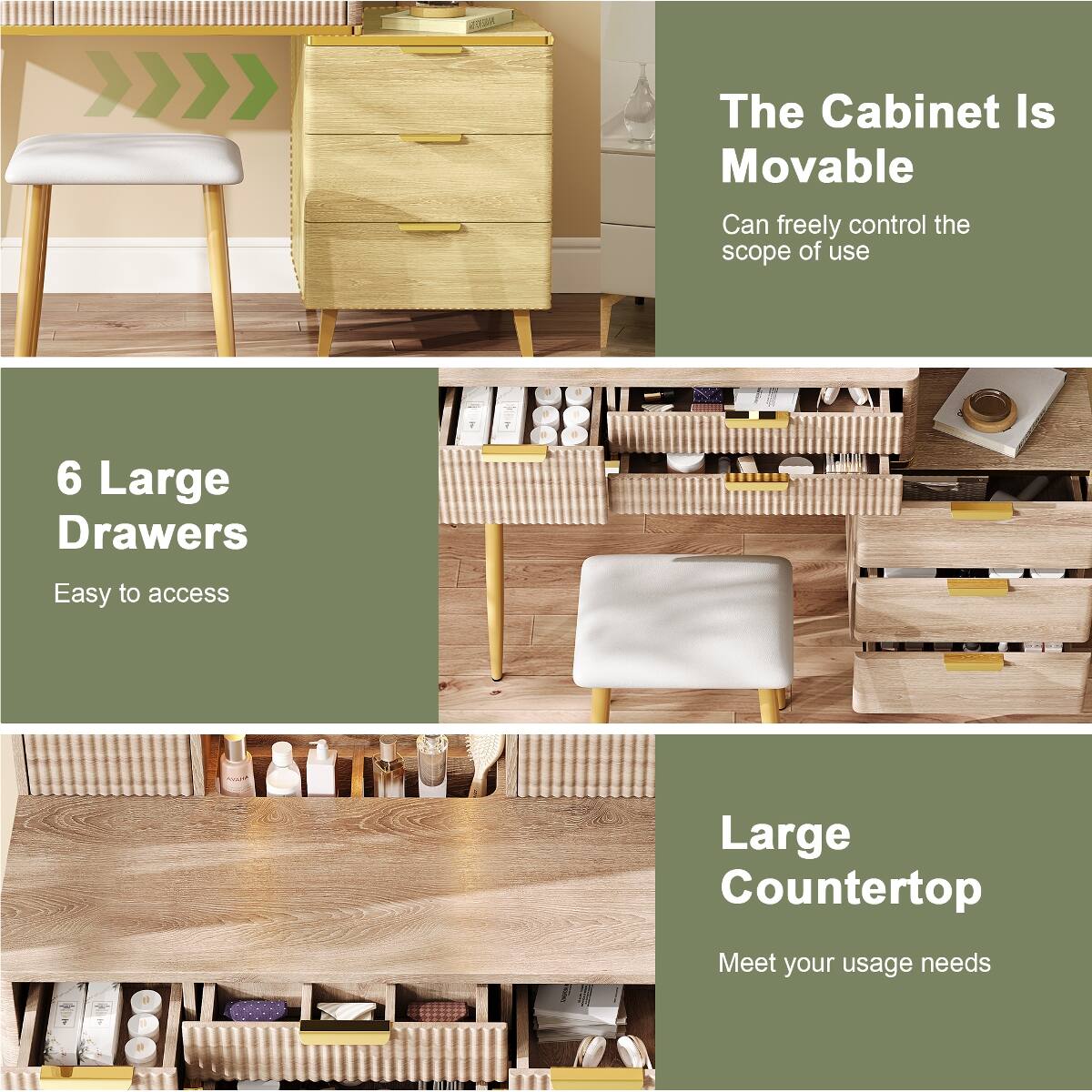 The Cabinet Is Movable  
Can freely control the scope of use

6 Large Drawers  
Easy to access

Large Countertop  
Meet your usage needs