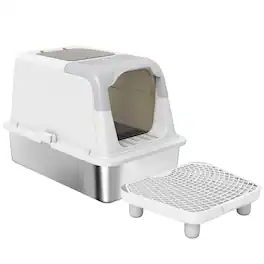Pawhut - Large Stainless Steel Litter Box, Enclosed Cat Litter Box with Scoop, Deodorizer Bag - White