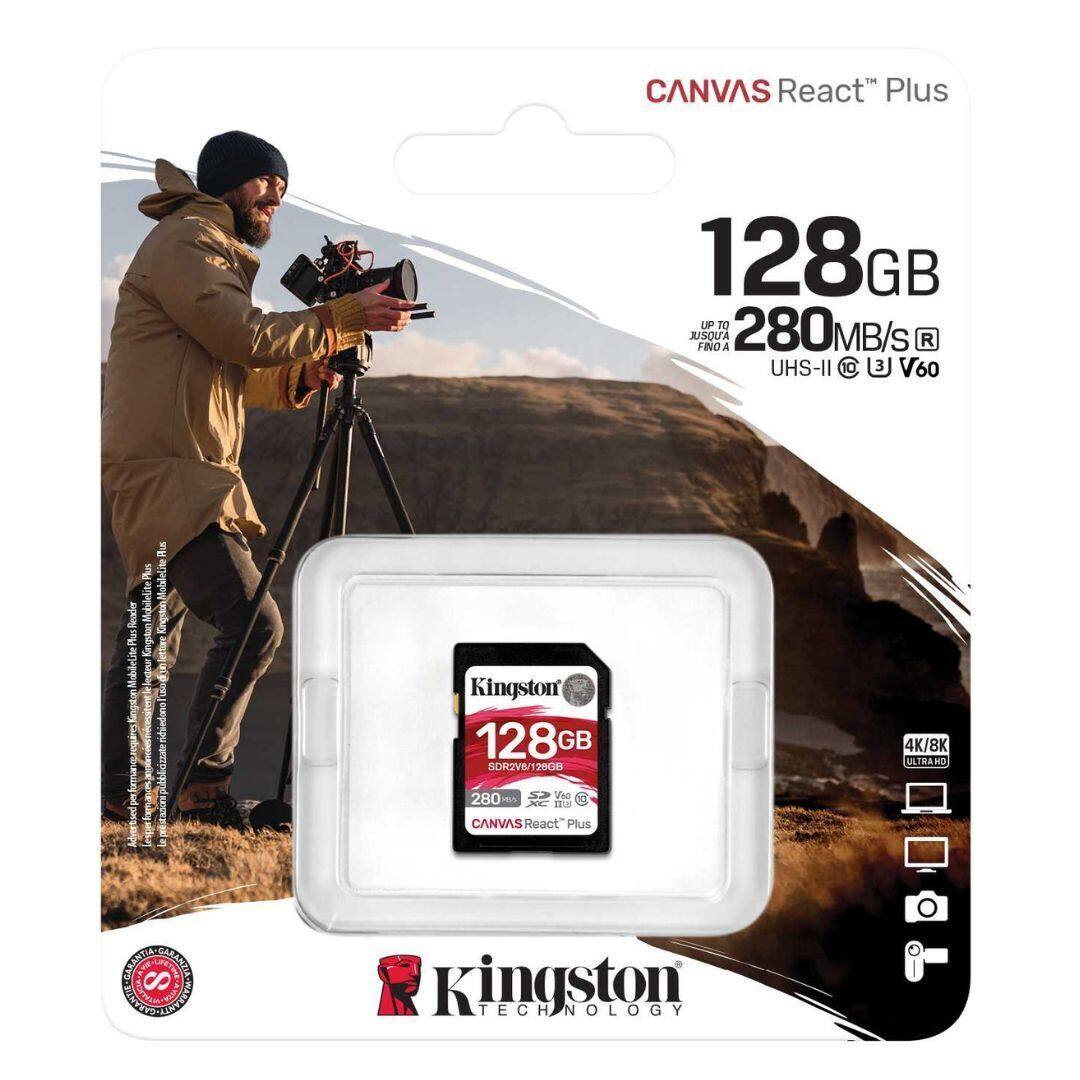 CANVAS React™ Plus  
128GB  
UP TO 280MB/s  
UHS-II (U3) V60  

Kingston  
CANVAS React™ Plus  
128GB  
SDR2V6/128GB  
280MB/s  

Kingston TECHNOLOGY