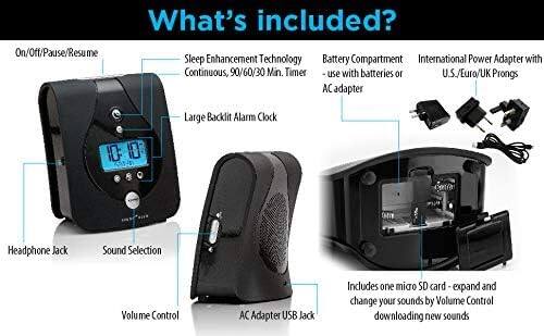 What's included?

- On/Off/Pause/Resume
- Sleep Enhancement Technology
  - Continuous, 90/60/30 Min. Timer
- Large Backlit Alarm Clock
- Headphone Jack
- Sound Selection
- Volume Control
- Battery Compartment
  - use with batteries or AC adapter
- International Power Adapter with U.S./Euro/UK Prongs
- AC Adapter USB Jack
- Includes one micro SD card - expand and change your sounds by Volume Control downloading new sounds