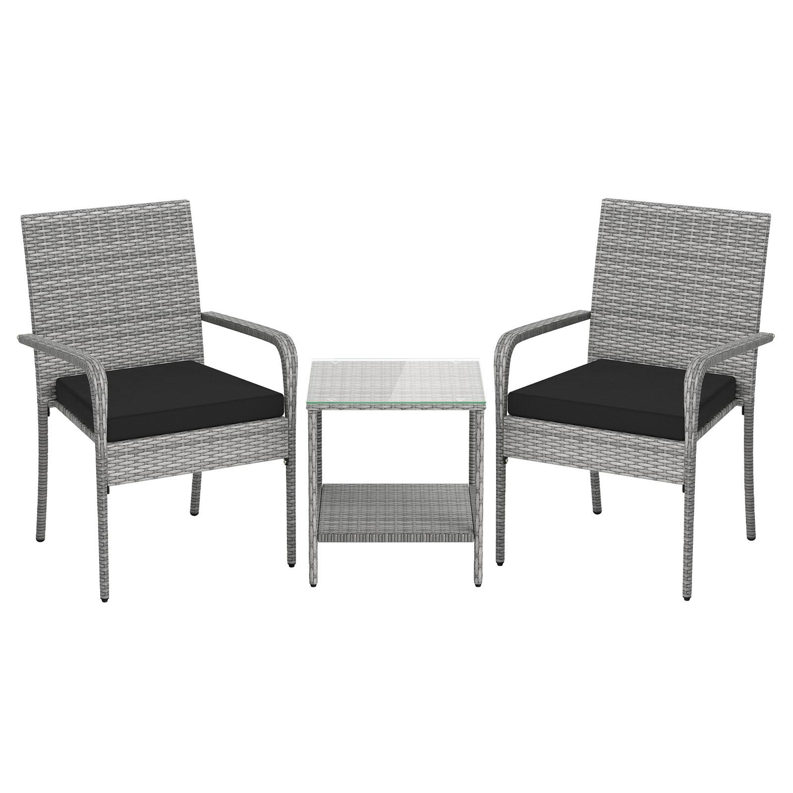 Alt View 9. Gymax - Gymax 3 Pieces Patio Furniture Set PE Rattan Porch Chairs w/ 2-Tier Table Black - Black.