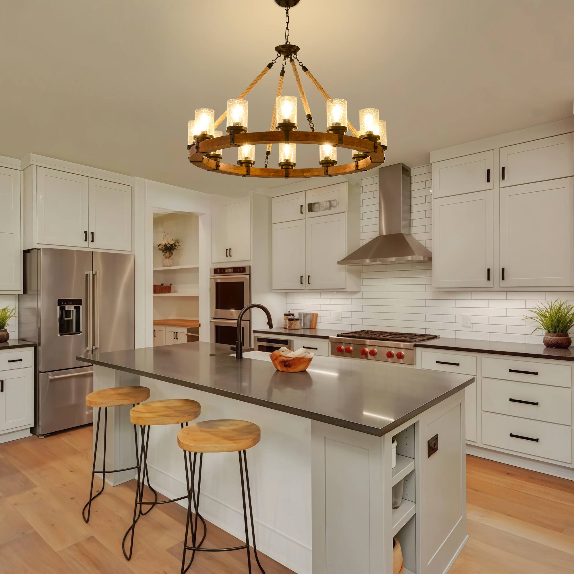 Alt View 4. RYHNUYNE - 12 Light Rustic Wagon Wheel Chandelier,Farmhouse Dining Room Light Fixture with Seeded Glass Shade,Round Wood Chandelier - Brown.
