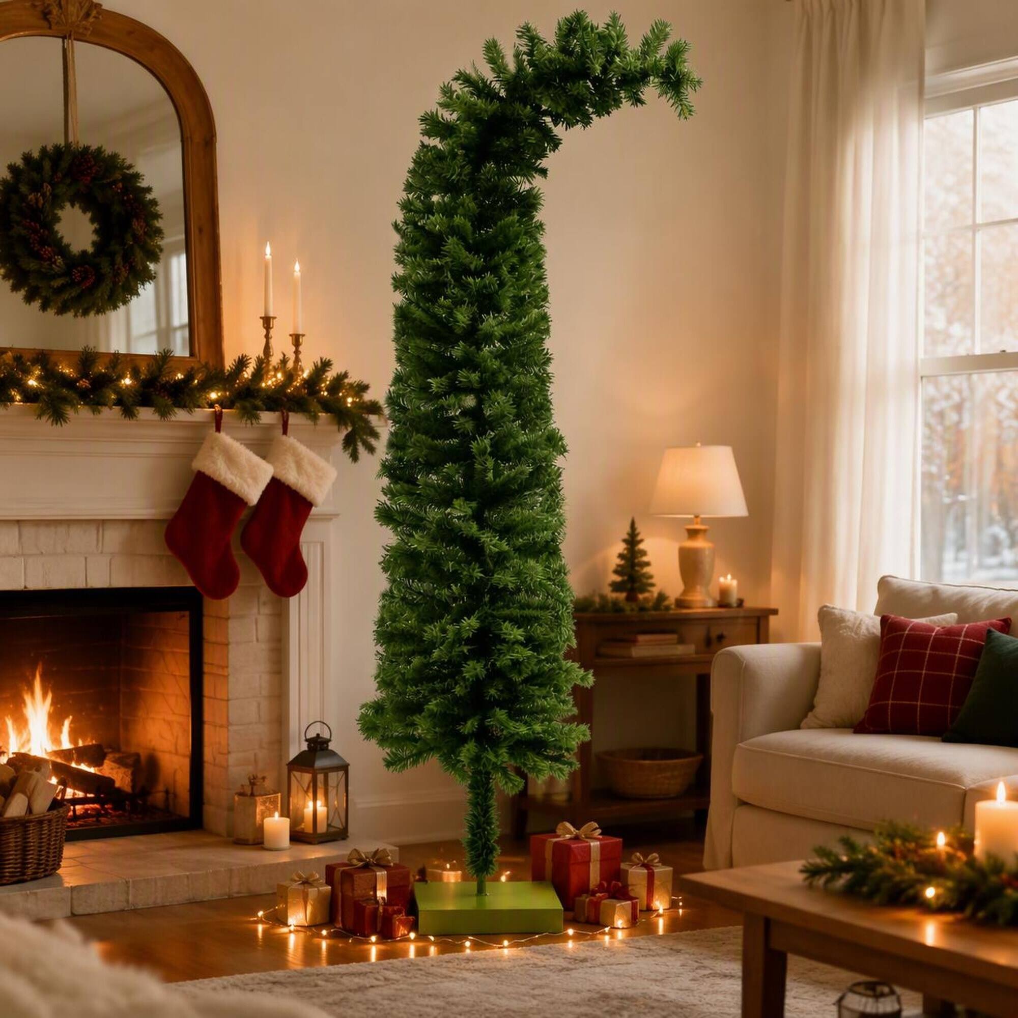 Angle. RYHNUYNE - Pencil Christmas Tree, Bendable Artificial Branches 400 Branch Tips Sturdy Base Slim Space-Saving Holiday Decor - Green.