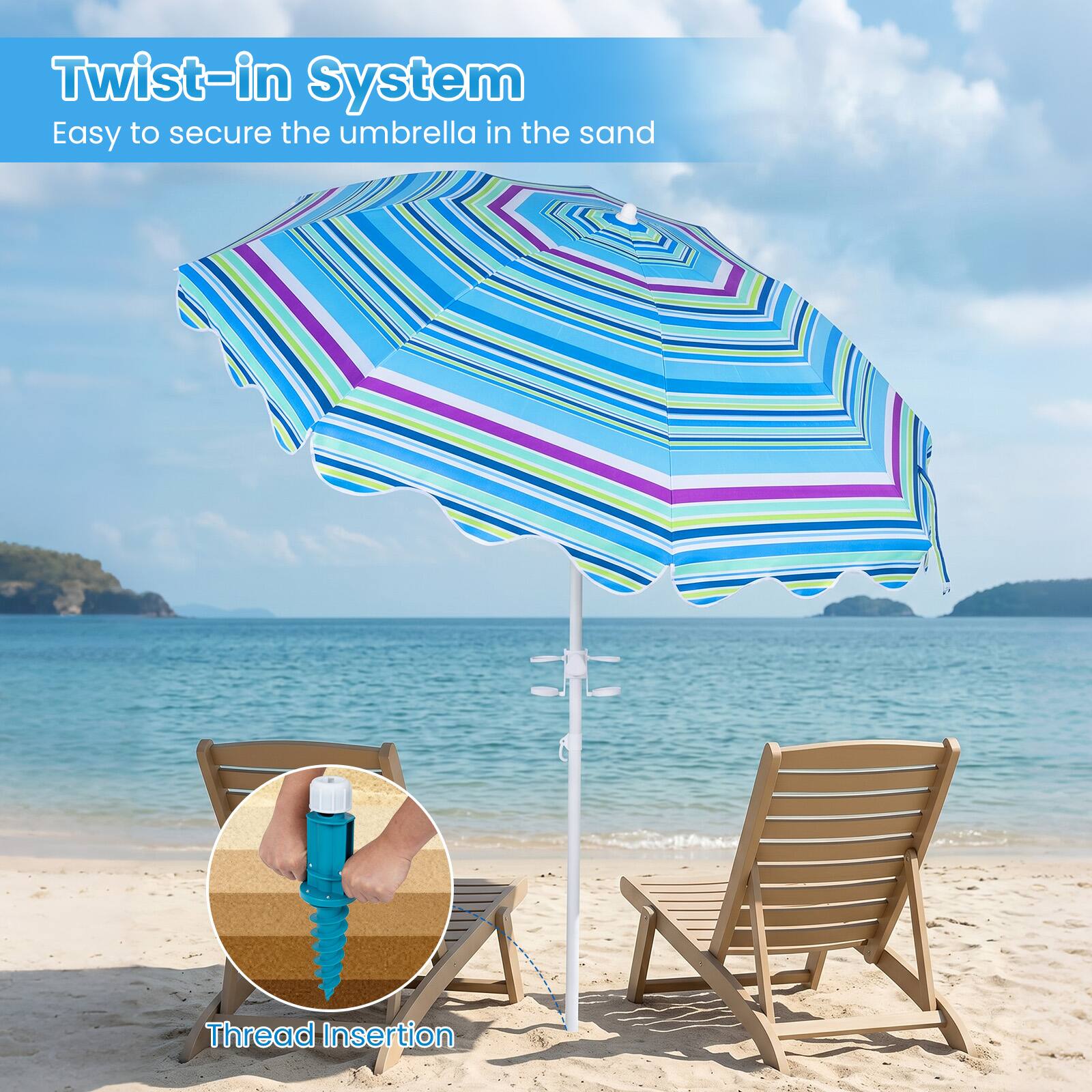 Twist-in System  
Easy to secure the umbrella in the sand  

Thread Insertion