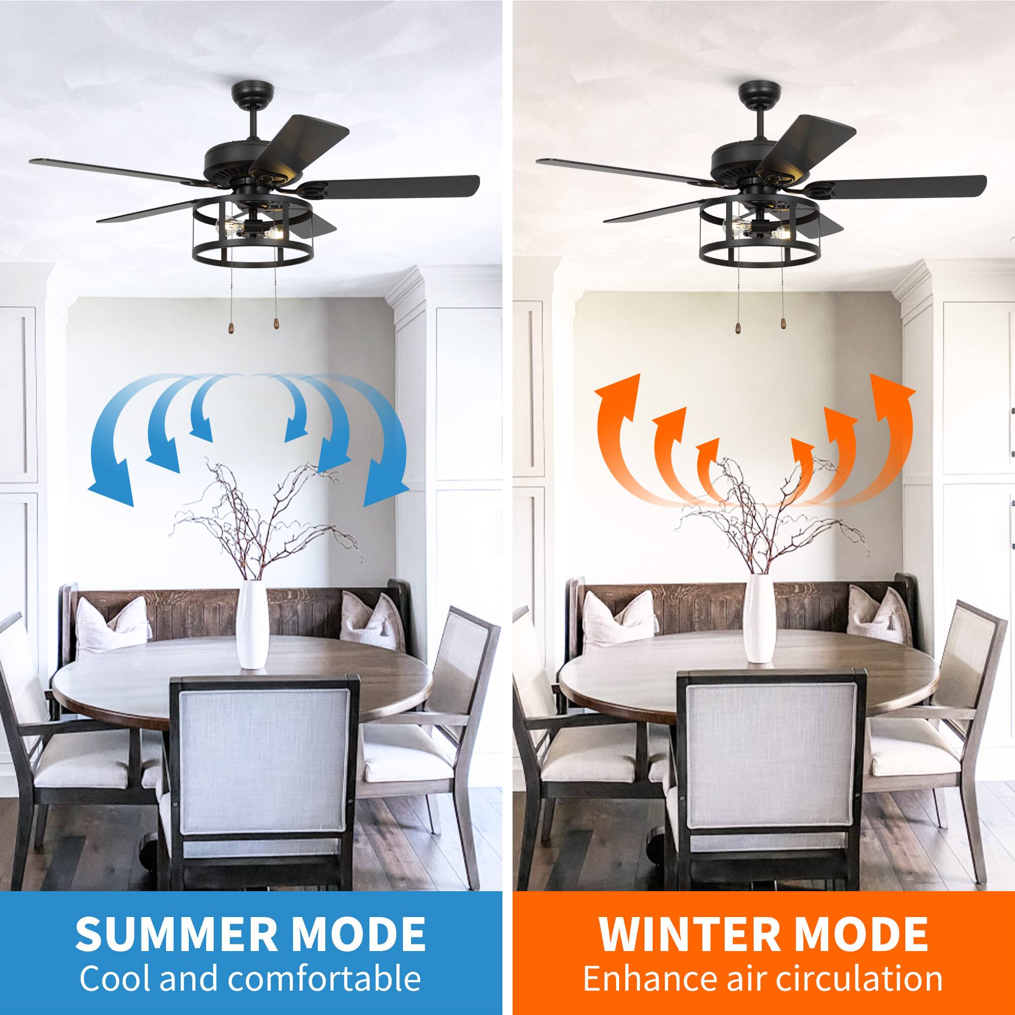 SUMMER MODE  
Cool and comfortable  

WINTER MODE  
Enhance air circulation