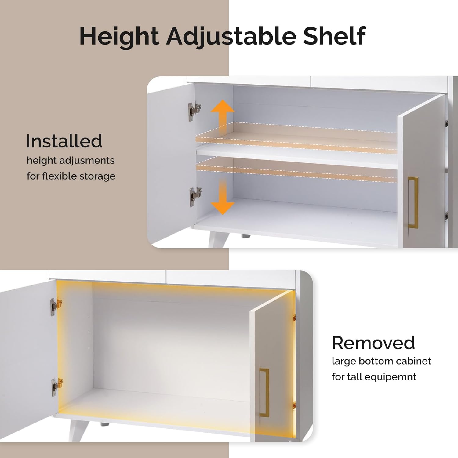 Height Adjustable Shelf

Installed height adjustments for flexible storage

Removed large bottom cabinet for tall equipment