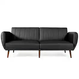 Costway - Convertible Futon Sofa Bed PU Adjustable Couch Sleeper w/Wood Legs - Black