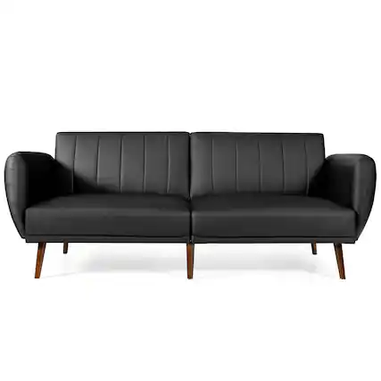 Front. Gymax - Gymax Convertible Futon Sofa Bed PU Adjustable Couch Sleeper w/Wood Legs Black - Black.