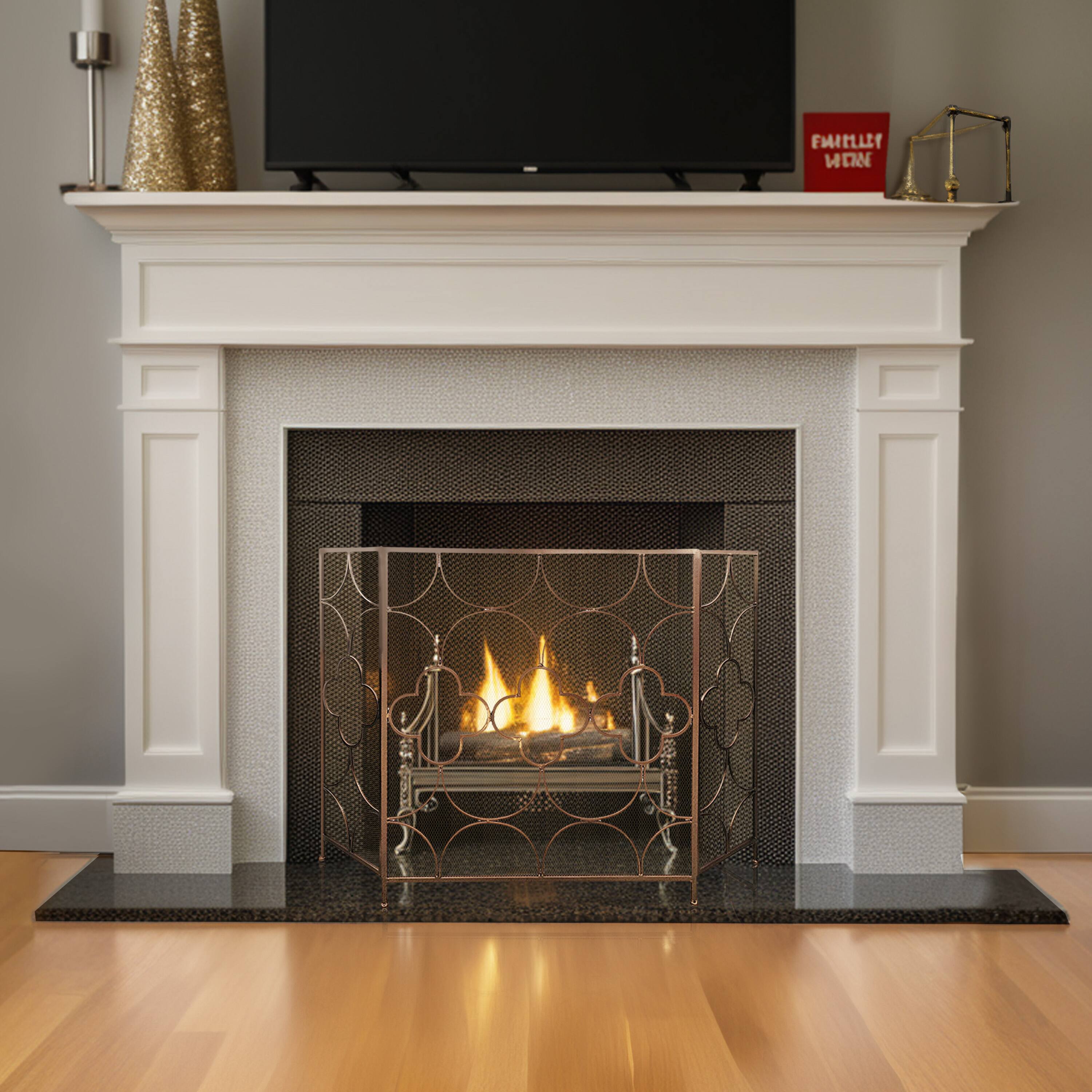 Alt View 10. Manhattan Lane - 50 Inch 3 Panel Metal Fireplace Screen, Quatrefoil Design - Bronze.