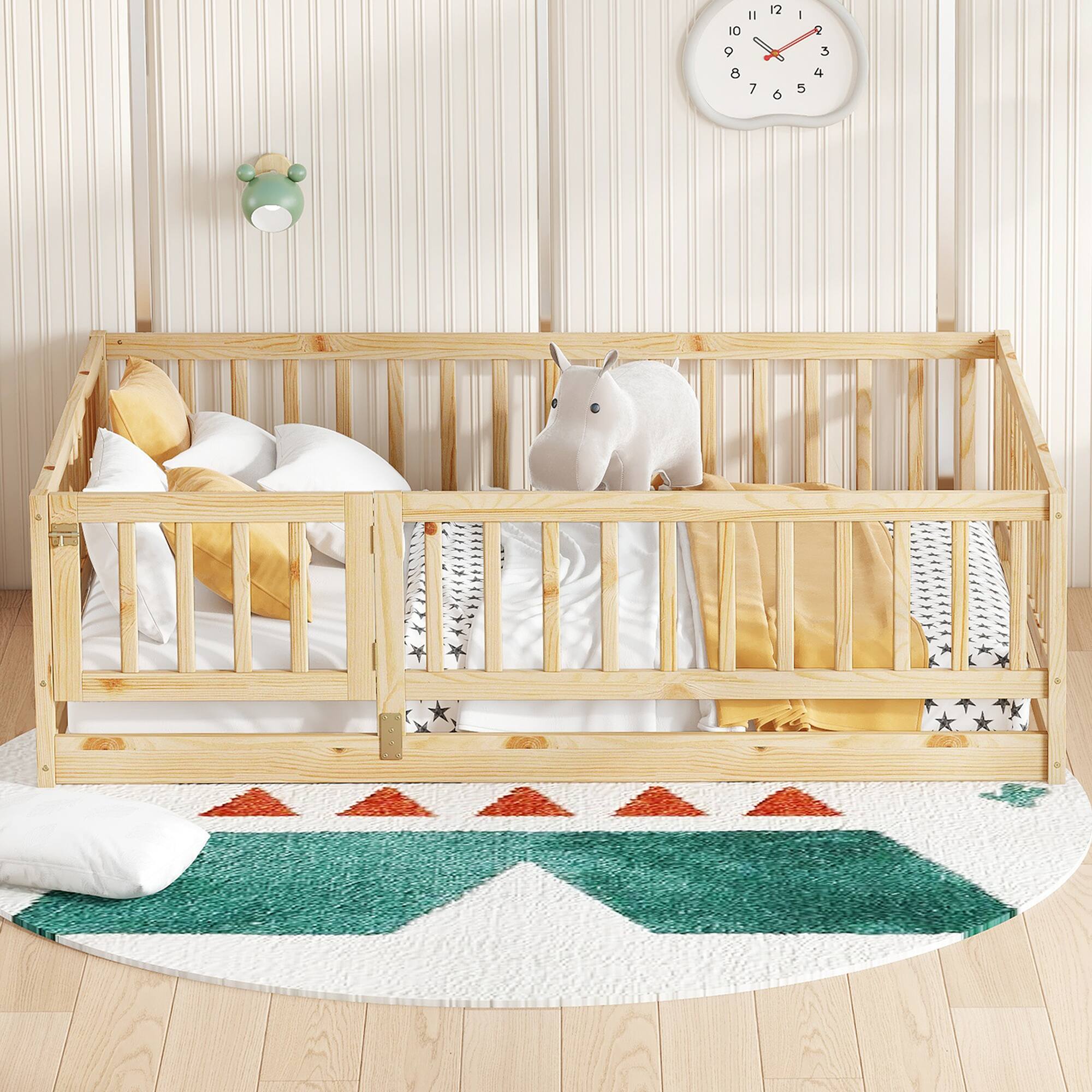 Angle. Tiramisubest - Full Size Floor Bed with Slats, Floor Bed with Fence and Door, Kids Bed Full Size, Wood Floor Bed for Kids, Girls, Boys - Natural.