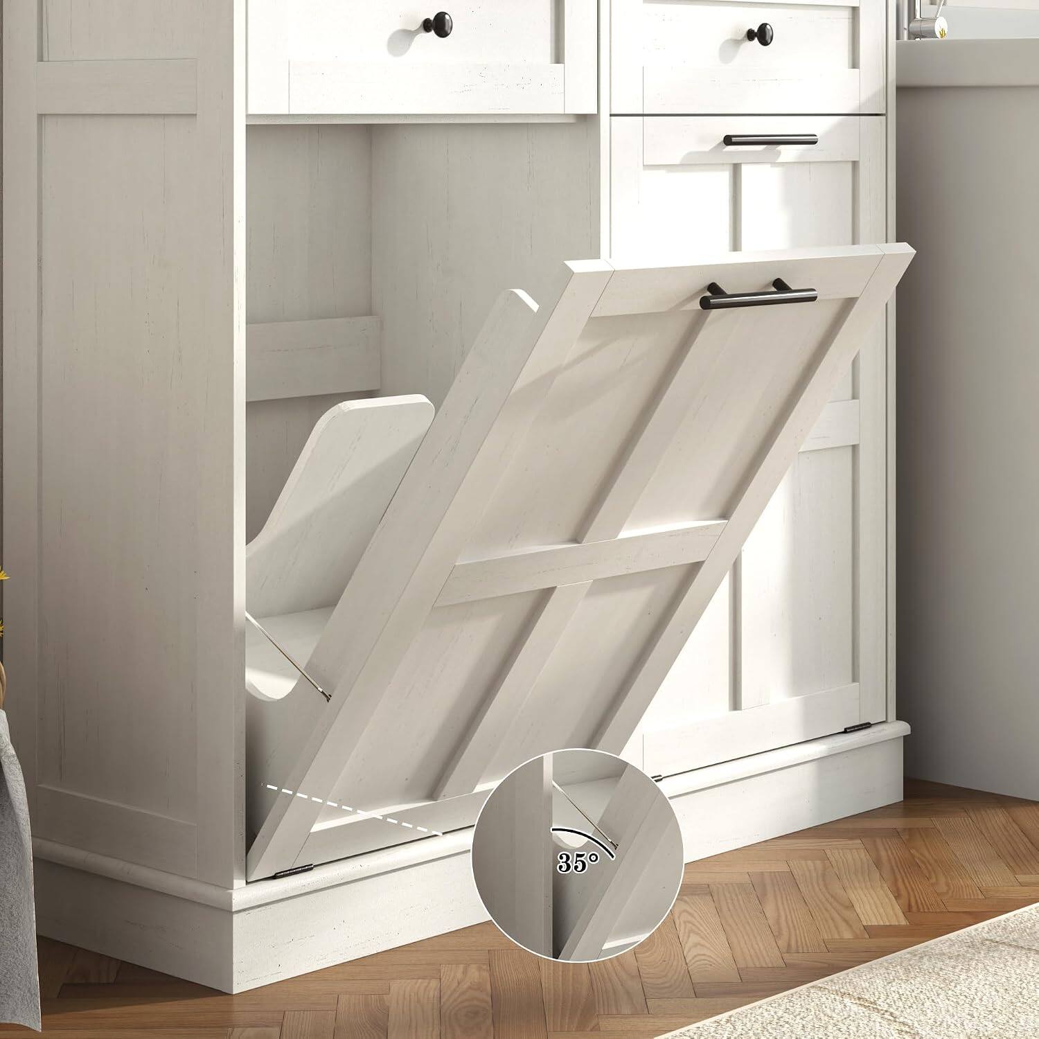 Alt View 2. Espafurni - Double 26-Gallon Trash Can Cabinet, Farmhouse Tilt-Out Garbage Bin with Drawers & Laundry Hamper.