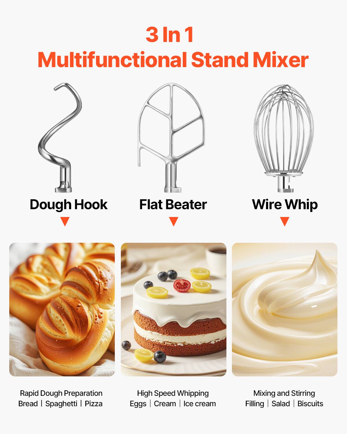 3 In 1 Multifunctional Stand Mixer

Dough Hook
Flat Beater
Wire Whip

Rapid Dough Preparation Bread | Spaghetti | Pizza
High Speed Whipping Eggs | Cream | Ice cream
Mixing and Stirring Filling | Salad | Biscuits