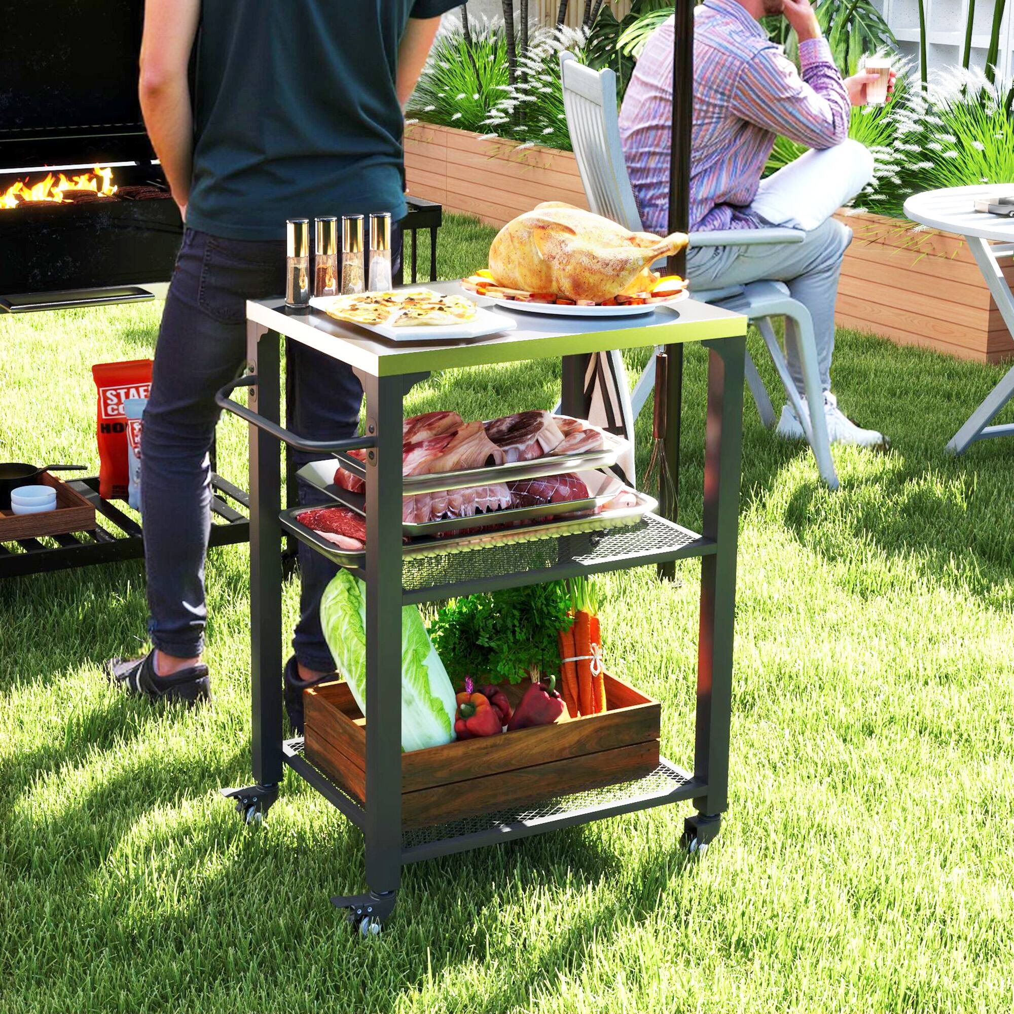 Alt View 1. Outsunny - Three-Shelf Outdoor Grill Cart with Stainless Steel Tabletop, 22" x 16.1" Multifunctional Pizza Oven Table - Silver.