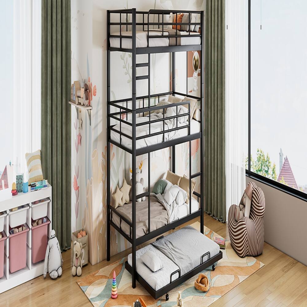 Alt View 9. Loheer - Loheer Metal Twin Size Triple Bunk Bed with Trundle Black Heavy Duty Steel 3 Tier Bunk Bed Space-Saving Design - Black.