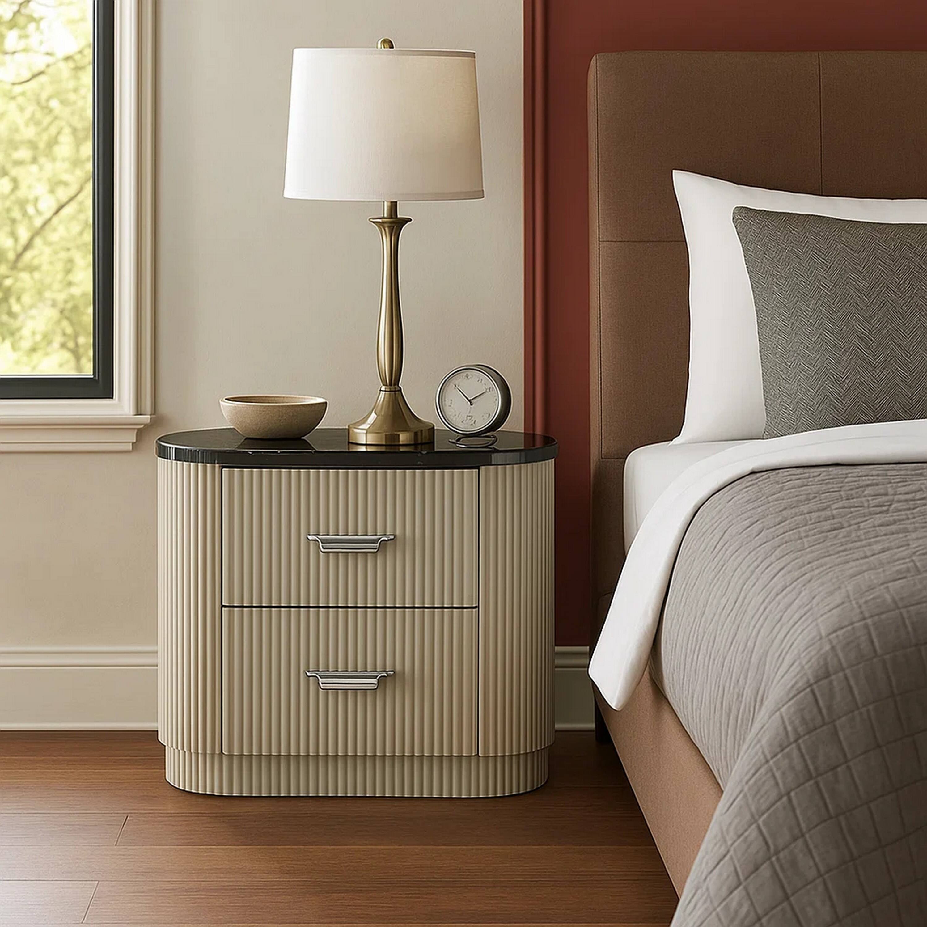 Alt View 3. Manhattan Lane - Trex Nightstand, 2 Reeded Drawers with Faux Marble Oval Top - Beige, Black, Silver.