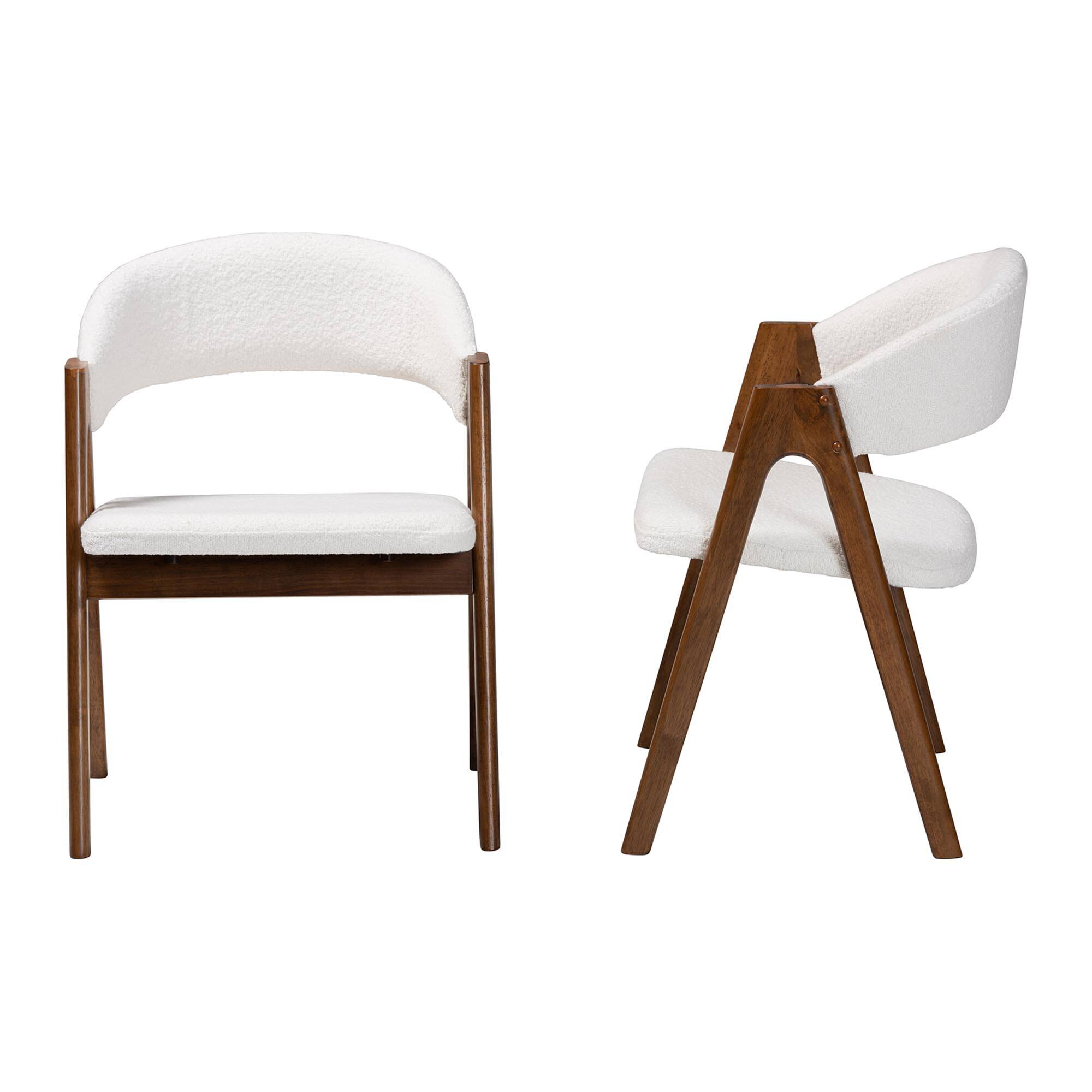 Left. Baxton Studio - Virden Boucle Upholstered Dining Chair Set of 2- Armchair with Solid Wood Frame and Curved Open-Back Design - White/Walnut Brown.