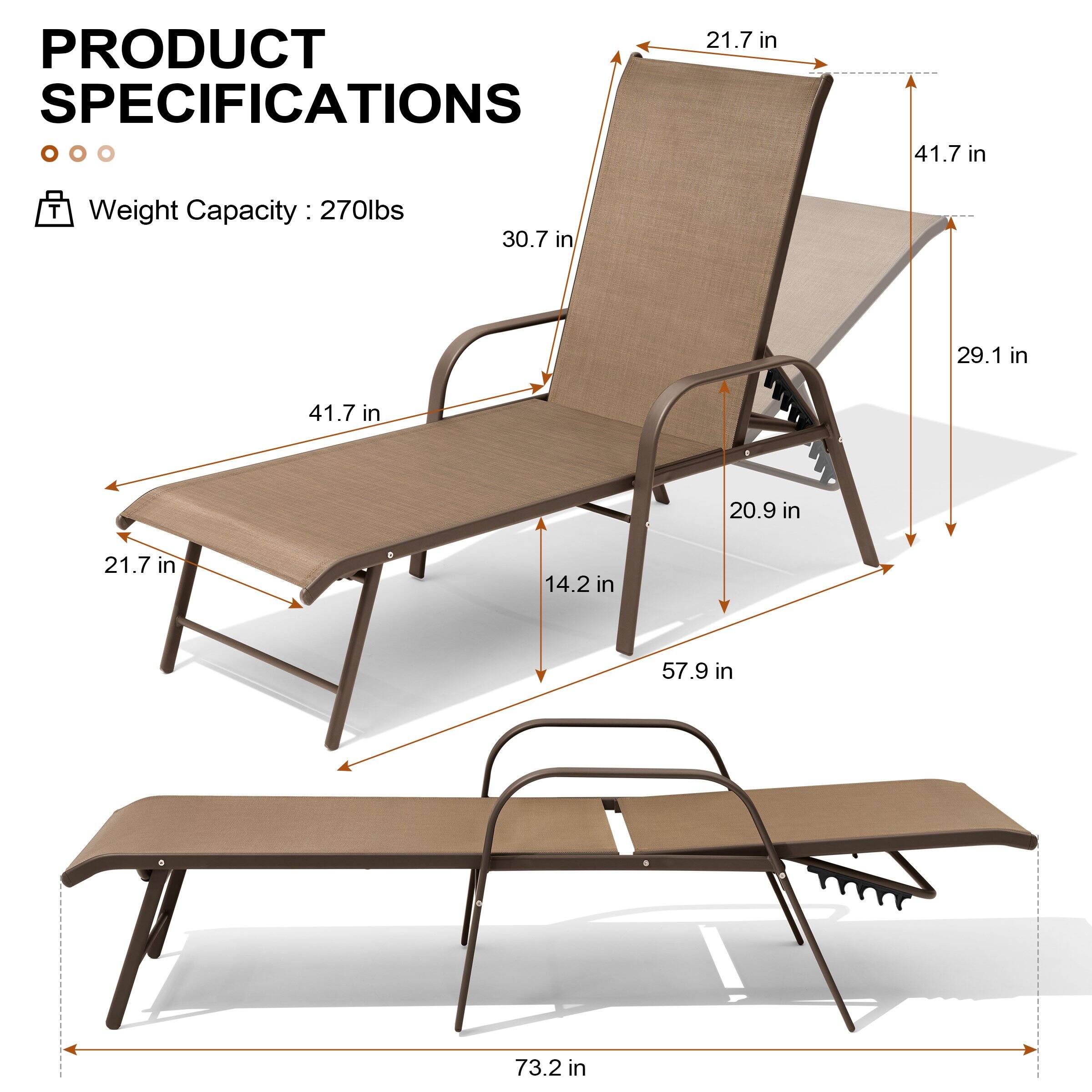 PRODUCT SPECIFICATIONS

Weight Capacity: 270lbs

- 21.7 in
- 41.7 in
- 30.7 in
- 29.1 in
- 20.9 in
- 14.2 in
- 57.9 in
- 73.2 in
