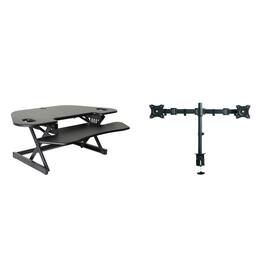 Rocelco - 46" Height Adjustable Corner Standing Desk Converter with Dual Monitor Arm BUNDLE, Large Keyboard Tray - Black