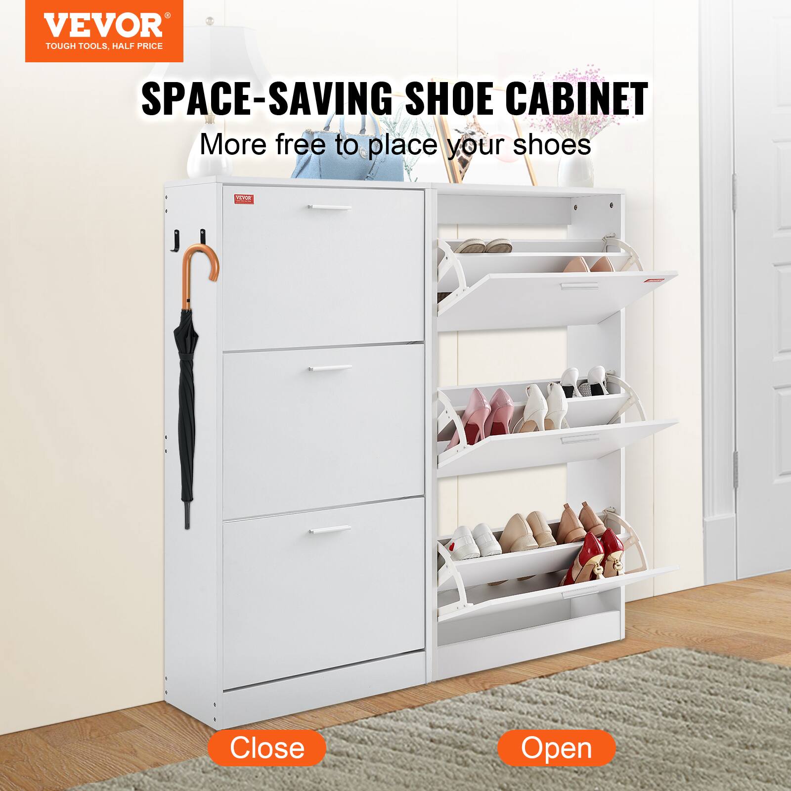 VEVOR TOUGH TOOLS. HALF PRICE SPACE-SAVING SHOE CABINET More free to place your shoes. Close Open