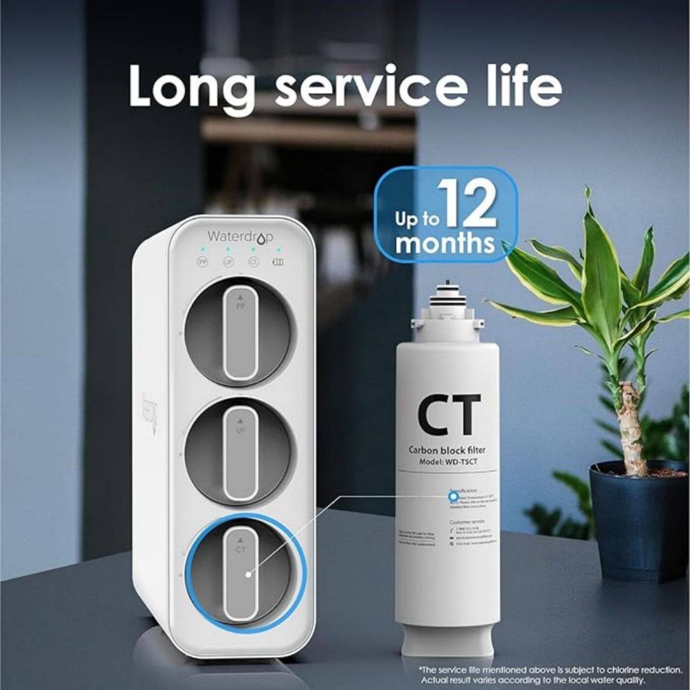 Long service life Waterdrop PO MIE Up to 12 months CT Carbon block filter Model: WD-TSCT *The service life mentioned above is subject to chlorine reduction. Actual result varies according to the local water quality.