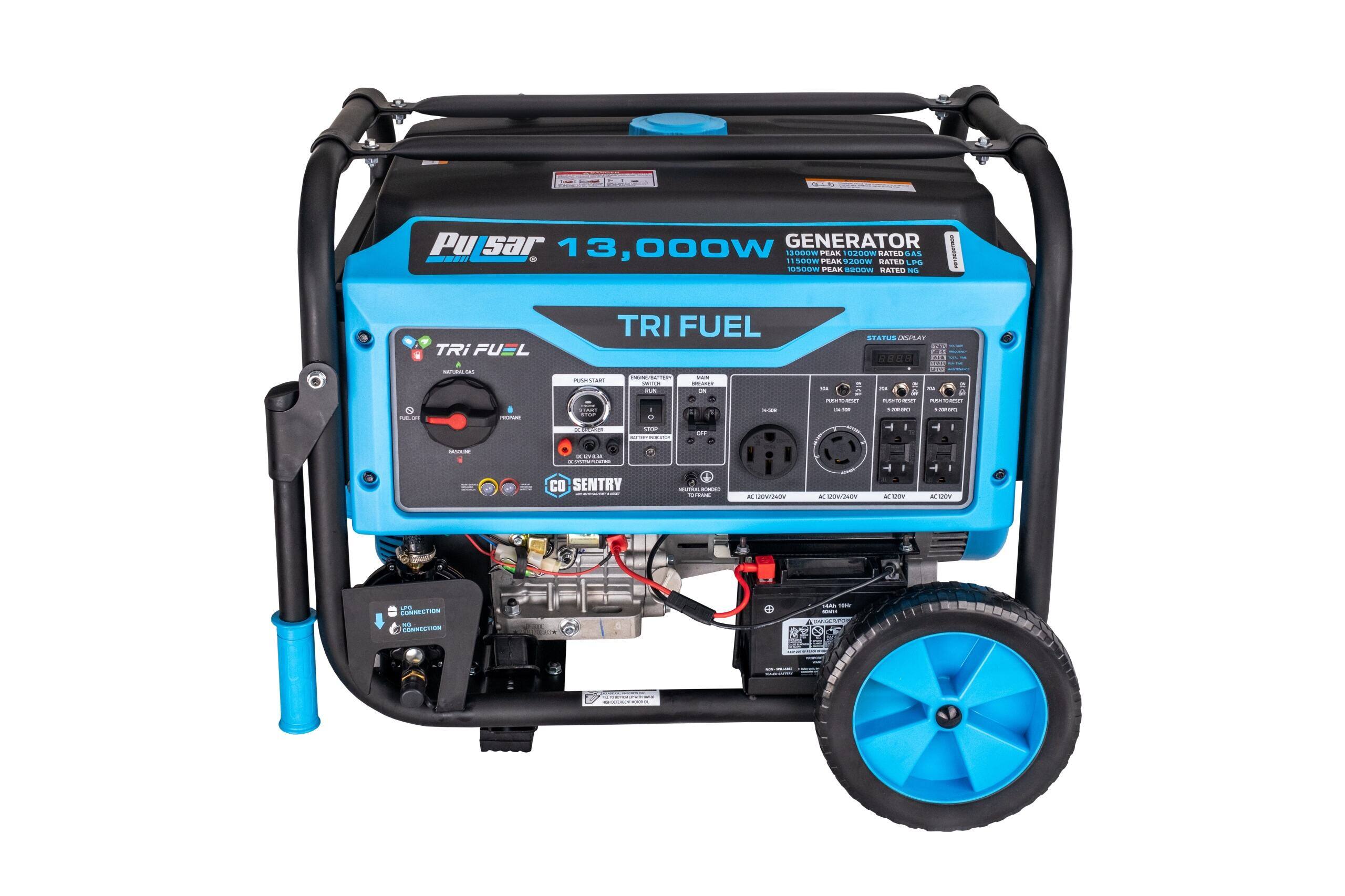 PuSar 13,000W GENERATOR  
11300W PEAK 9200W RATE  
10500W PEAK 8500W RATE  
TRI FUEL  
TRI FUEL  
STATUS DISPLAY  
DC SENTRY  
AC 120V/240V  
AC 120V  
DC 12V/20A  
DC 12V/20A  
DC 12V/20A  
LED CONNECTION  
LED CONNECTION