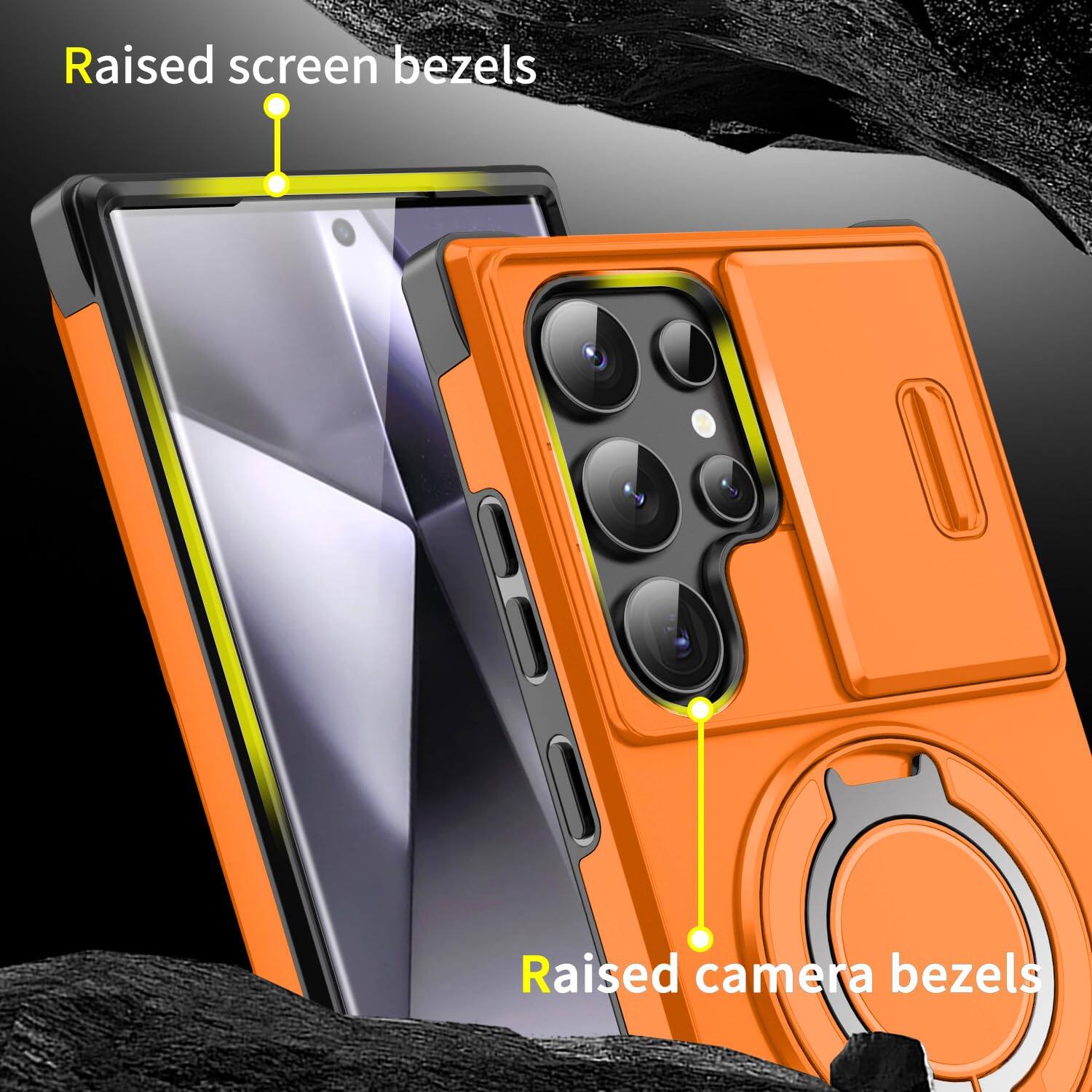 Raised screen bezels  
Raised camera bezels