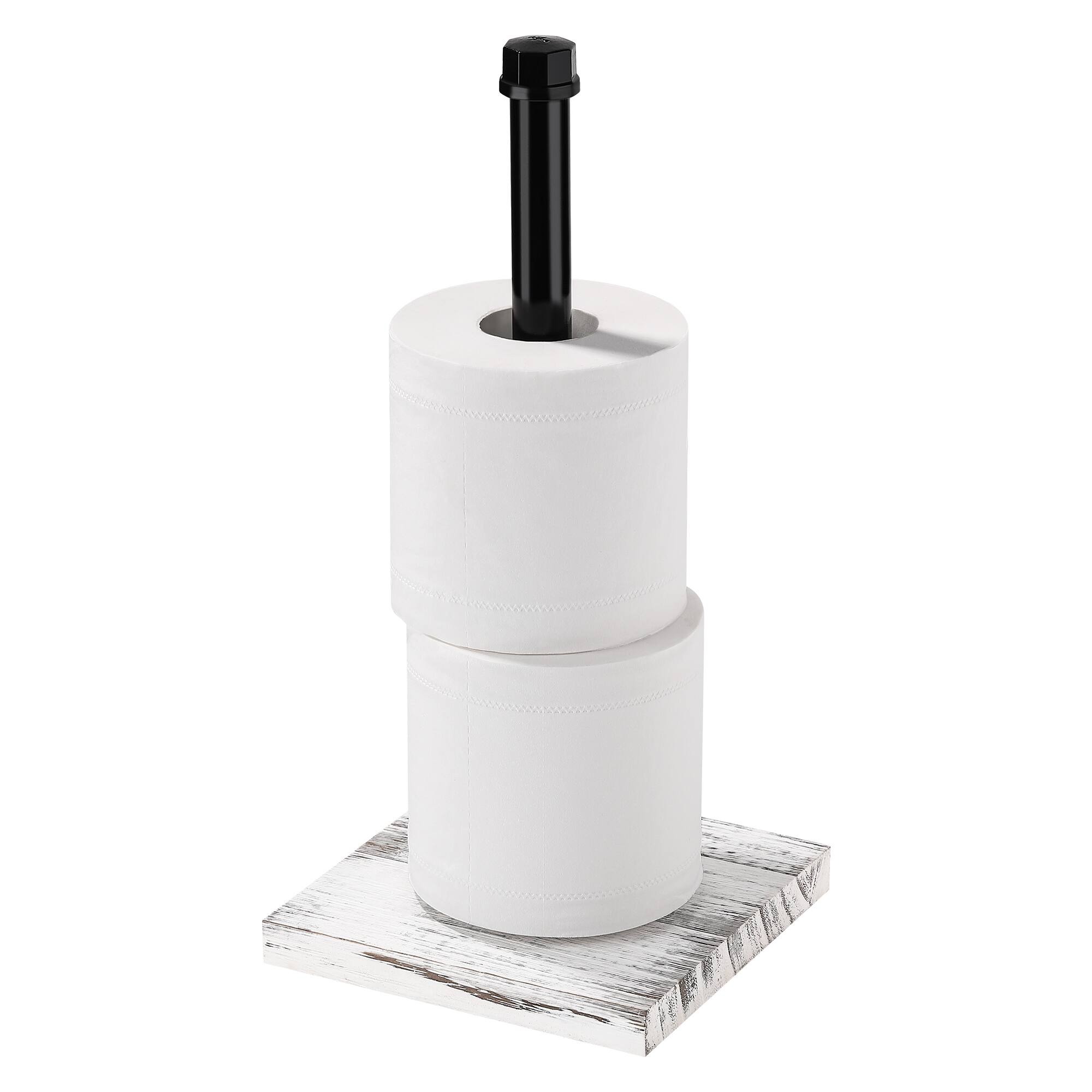 Back. Oumilen - Industrial Pipe Paper Towel Holder with Distressed White Wood Base, Matte Black Metal Kitchen Roll Dispenser.