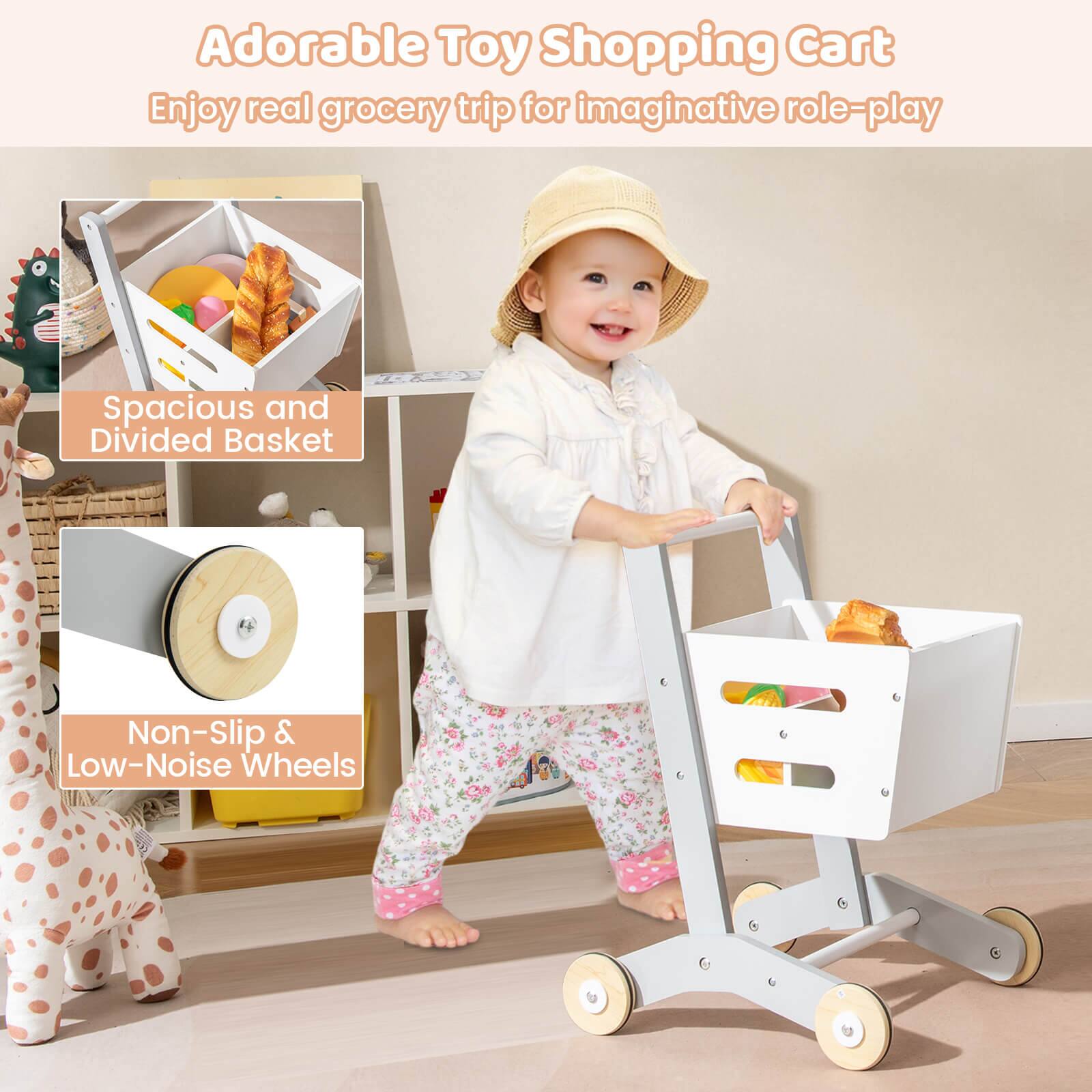 Adorable Toy Shopping Cart  
Enjoy real grocery trip for imaginative role-play  

Spacious and Divided Basket  

Non-Slip & Low-Noise Wheels