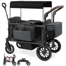 Wisairt - 2-Seater Wagon Stroller for Kids with Tray, Side Entry, Canopy, 5-Point Harness, Push & Pull Handles - Gray