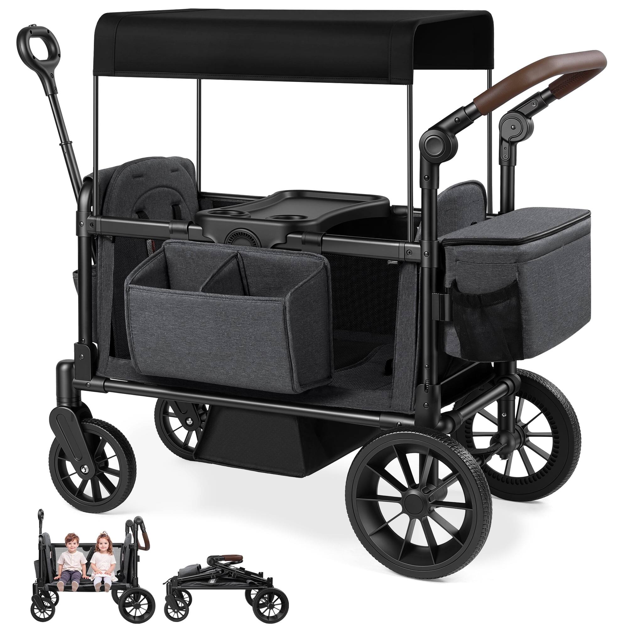 Front. Wisairt - 2-Seater Wagon Stroller for Kids with Tray, Side Entry, Canopy, 5-Point Harness, Push & Pull Handles - Gray.