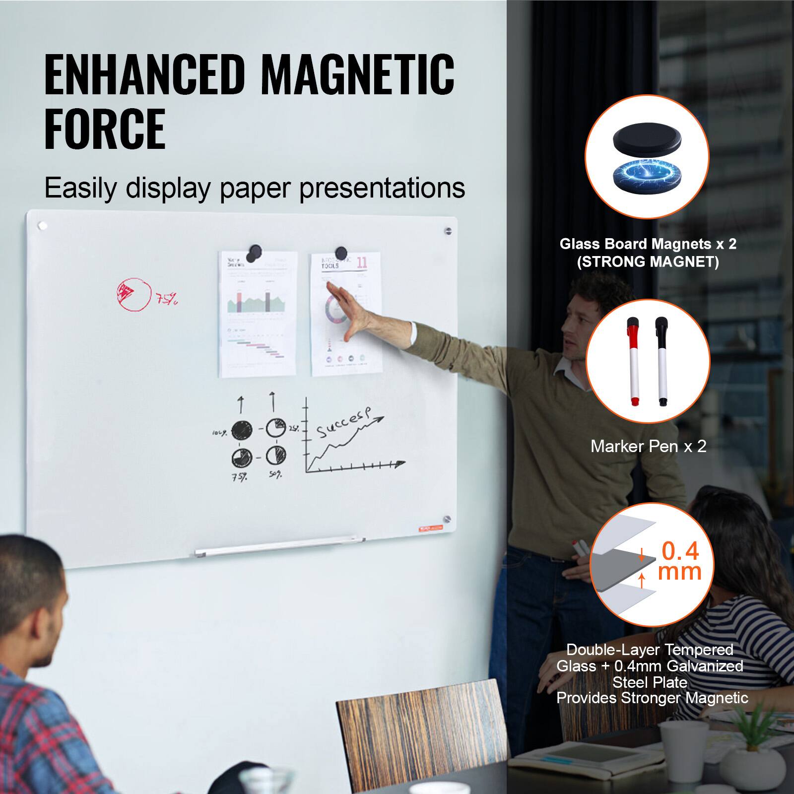 ENHANCED MAGNETIC FORCE  
Easily display paper presentations  

Glass Board Magnets x 2 (STRONG MAGNET)  
Marker Pen x 2  

Double-Layer Tempered Glass + 0.4mm Galvanized Steel Plate  
Provides Stronger Magnetic  

0.4 mm