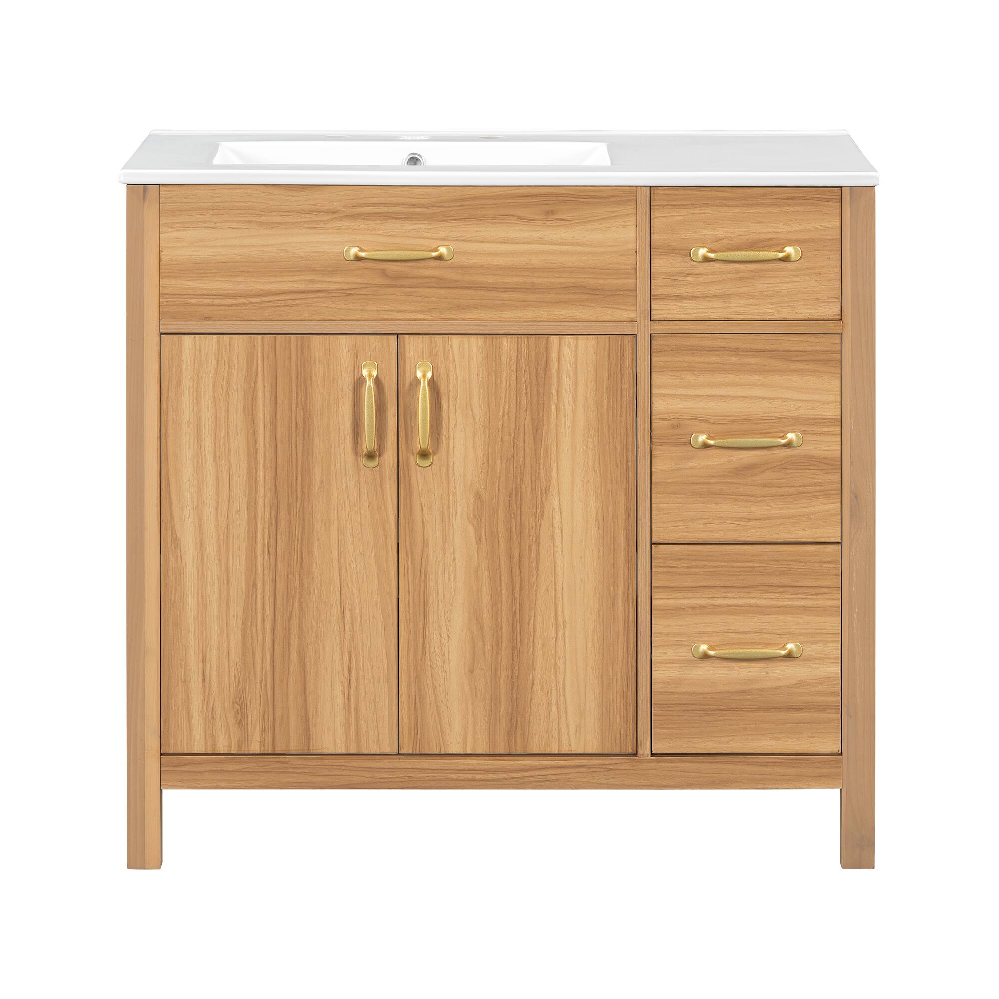 36" Bathroom Vanity with Sink, Solid Frame, 2 Doors, 3 Drawers, Adjustable Shelf, Modern Storage