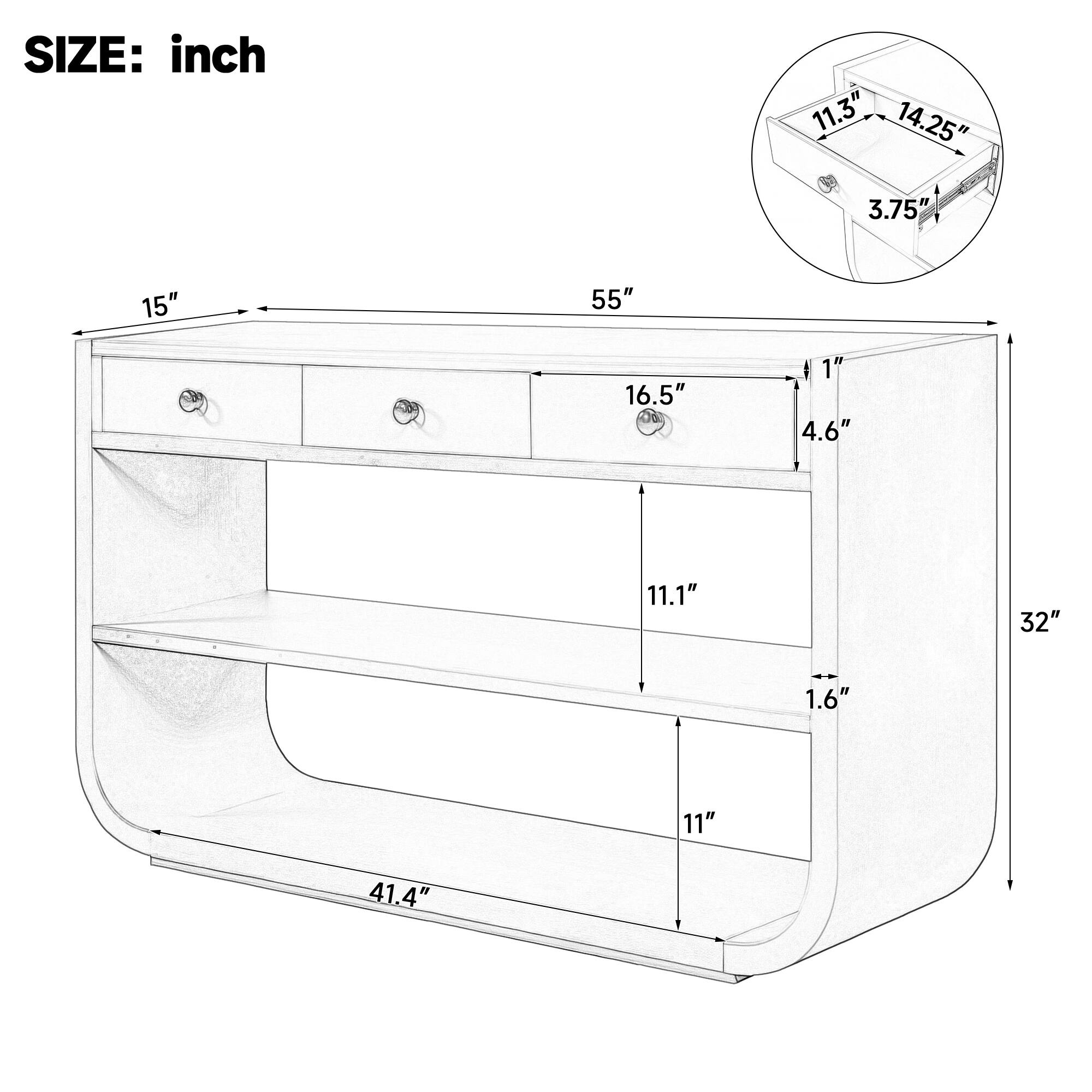 SIZE: inch  
11.3" 14.25" 3.75" 15" 55" 16.5" 1" 4.6" 11.1" 32" 1.6" 11" 41.4"