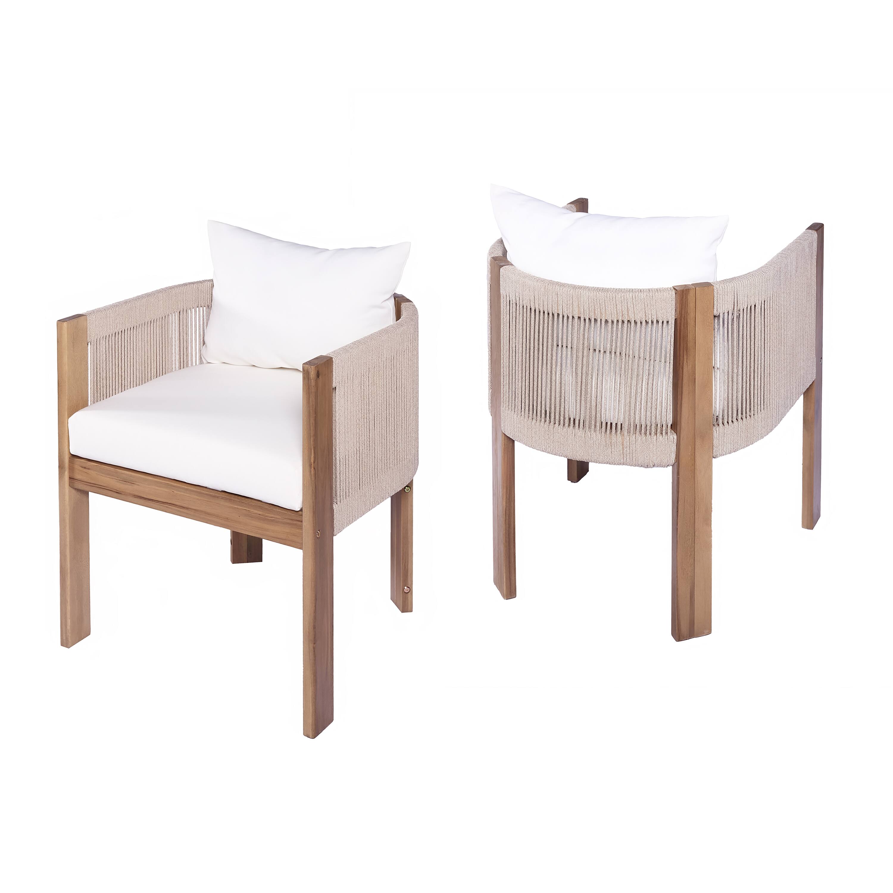 Angle. Mondawe - Set of 2 Outdoor Wood Dining Chair with Cushion - Teak+ Beige.