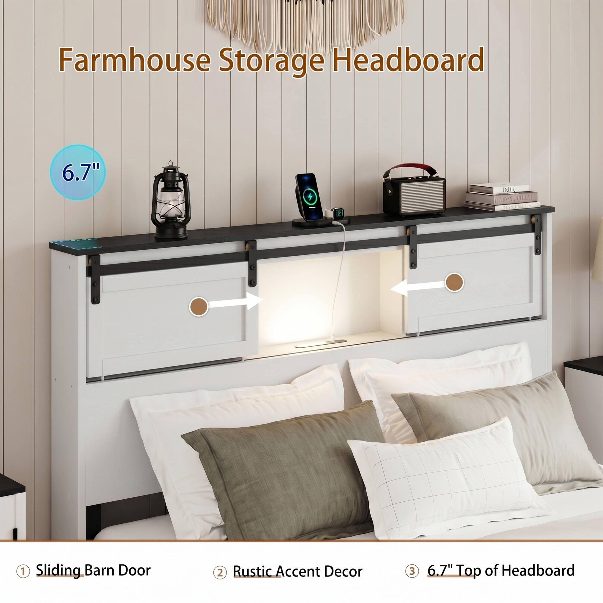 Farmhouse Storage Headboard 6.7" M 1 Sliding Barn Door 2 Rustic Accent Decor 3 6.7" Top of Headboard