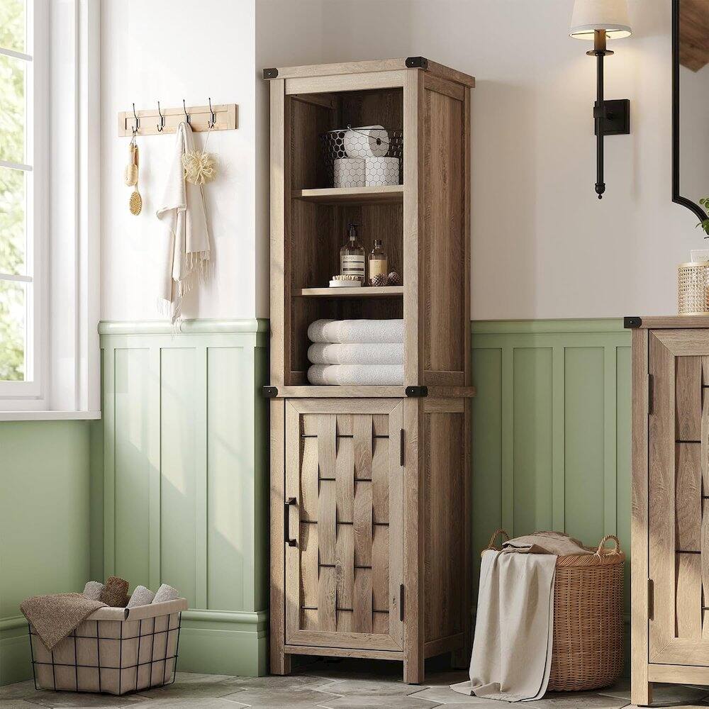 Back. Caffoz - Farmhouse Tall Storage Cabinet, Narrow Corner Linen Tower with Door - Light Brown.