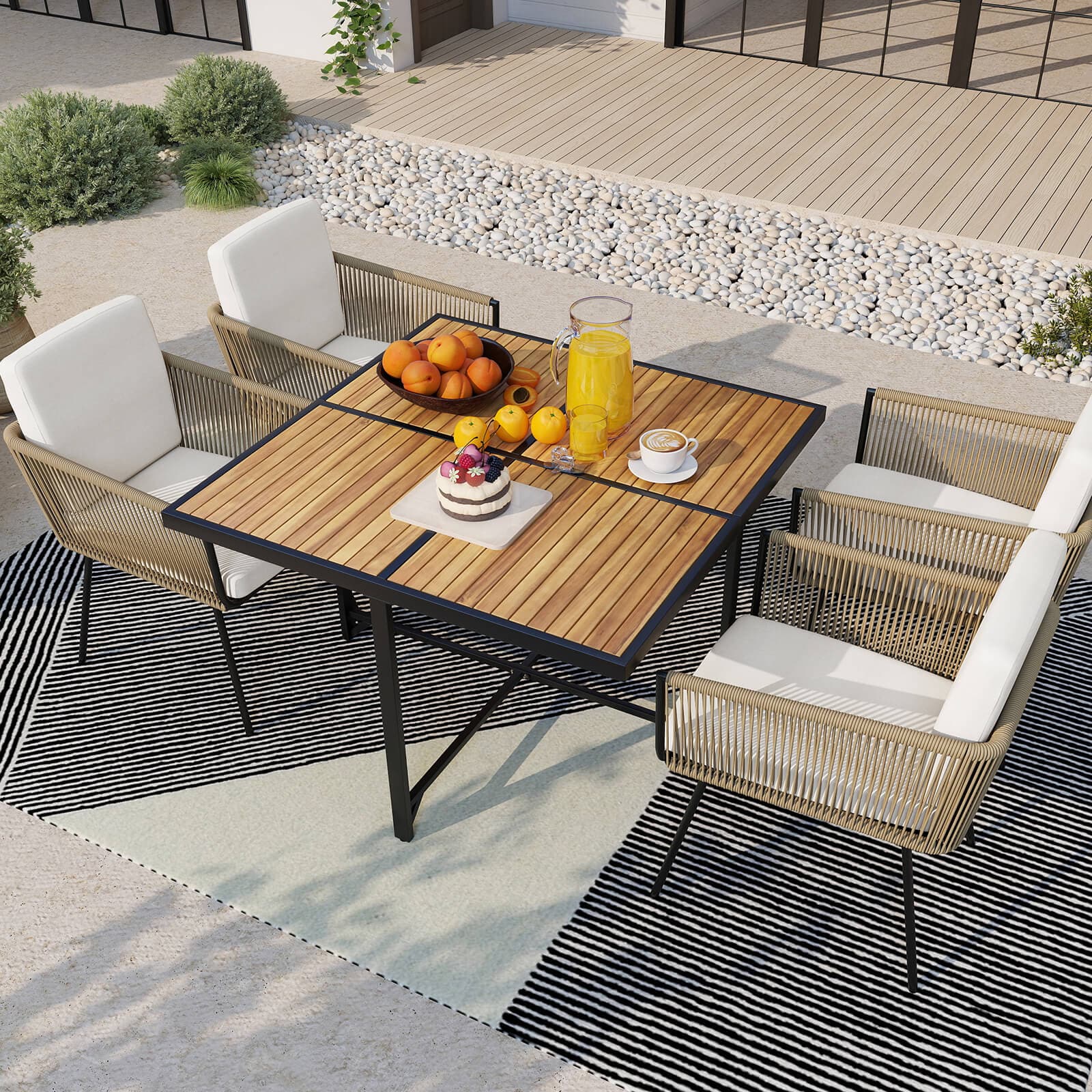 Costway - 5 Pieces Patio Dining Set Outdoor Rectangular Table and Chairs Furniture Set - off-White