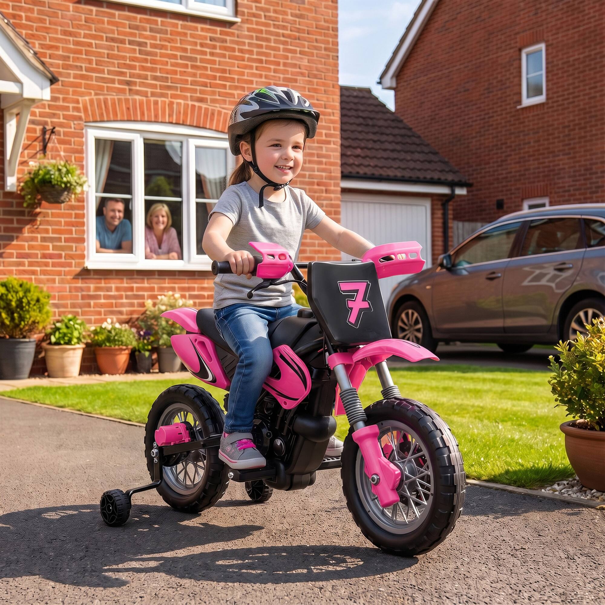 Alt View 1. Qaba - Kids Motorcycle, 2 x 35W Electric Dirt Bike with Training Wheels, Rear Suspension - Pink.