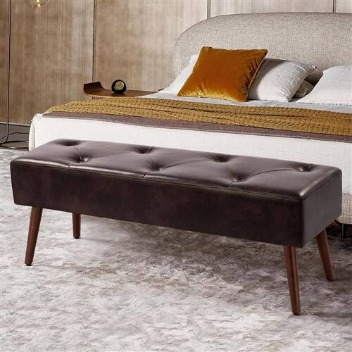 Angle. SlickBlue - Bed Bench with Leather Upholstery – Mid-Century Solid Wood Legs Design - Dark Brown.