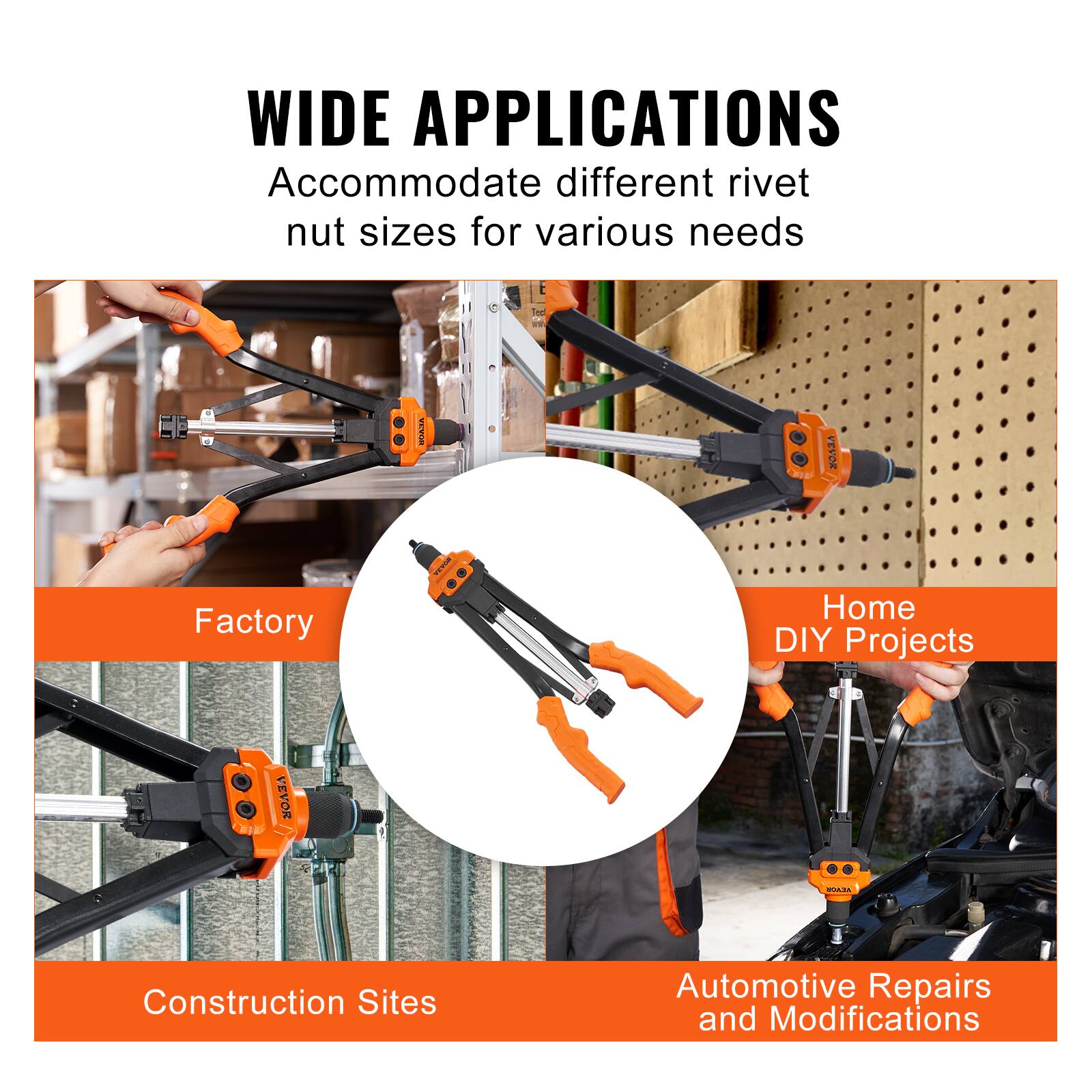 WIDE APPLICATIONS  
Accommodate different rivet nut sizes for various needs  

- Factory  
- Home DIY Projects  
- Construction Sites  
- Automotive Repairs and Modifications