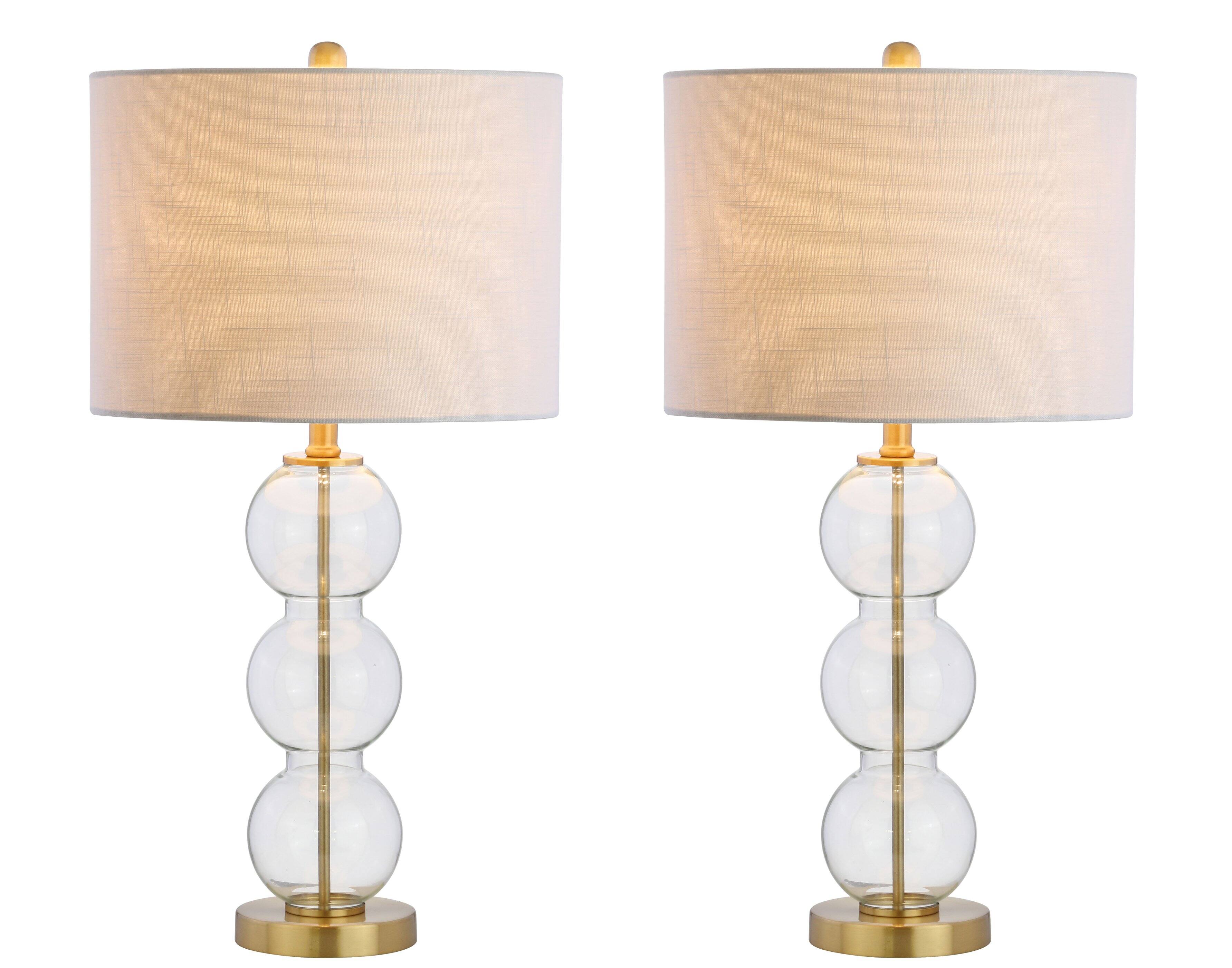 Front. Jonathan Y - Bella 27" Glass Triple-Sphere LED Table Lamp, Clear/Brass (Set of 2) - Clear.