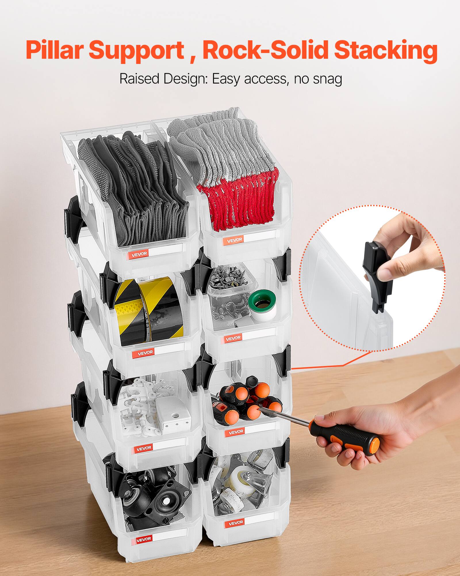 Pillar Support, Rock-Solid Stacking  
Raised Design: Easy access, no snag
